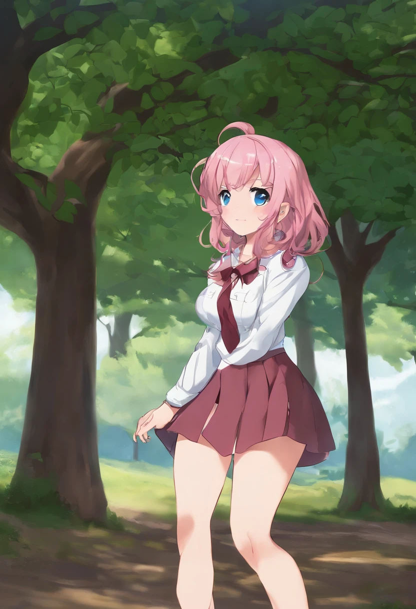 high resolution, man, strong man dominates a girl, girl, prostitute, vulgar girl, pink hair, average breasts, (thin hips: 1.2), standing whore pose, smile, school uniform, blue miniskirt, outside, near a tree, looking at the viewer, facing the viewer, perfect eyes, blue eyes, standing doggy style, no panties, a strong man has sex with her, fucking her from behind, hard sex,