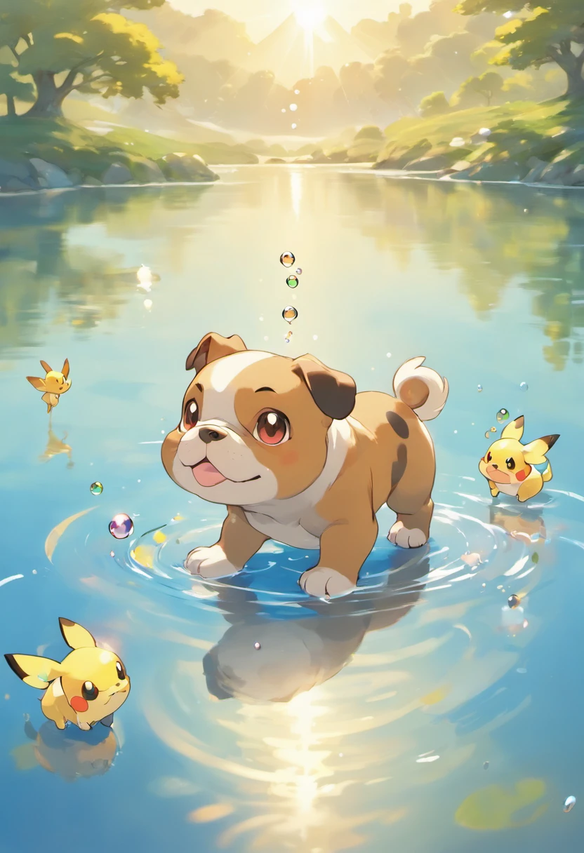 A touching scene in ultra-high definition 3D showcasing Bulldog making a wish beside a tranquil lake. Bulldog, beautifully rendered in detail, is seen gently blowing bubbles into the air, each one carrying a hopeful wish. The bubbles catch the reflection of the setting sun, creating a dreamy, magical effect. The overall atmosphere is tender, filled with hope and serenity