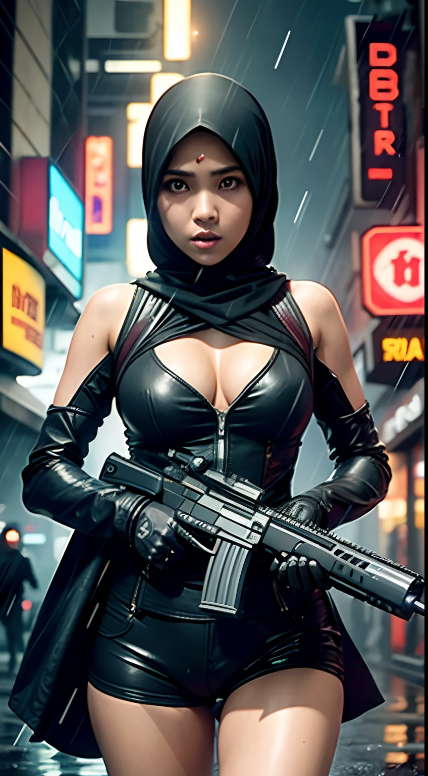 Blade Runner-like atmosphere, android malay girl in hijab, skeleton visible, girl shooting handgun, cleavage, muzzle point at viewer, muzzle flash, heavy rain, flash