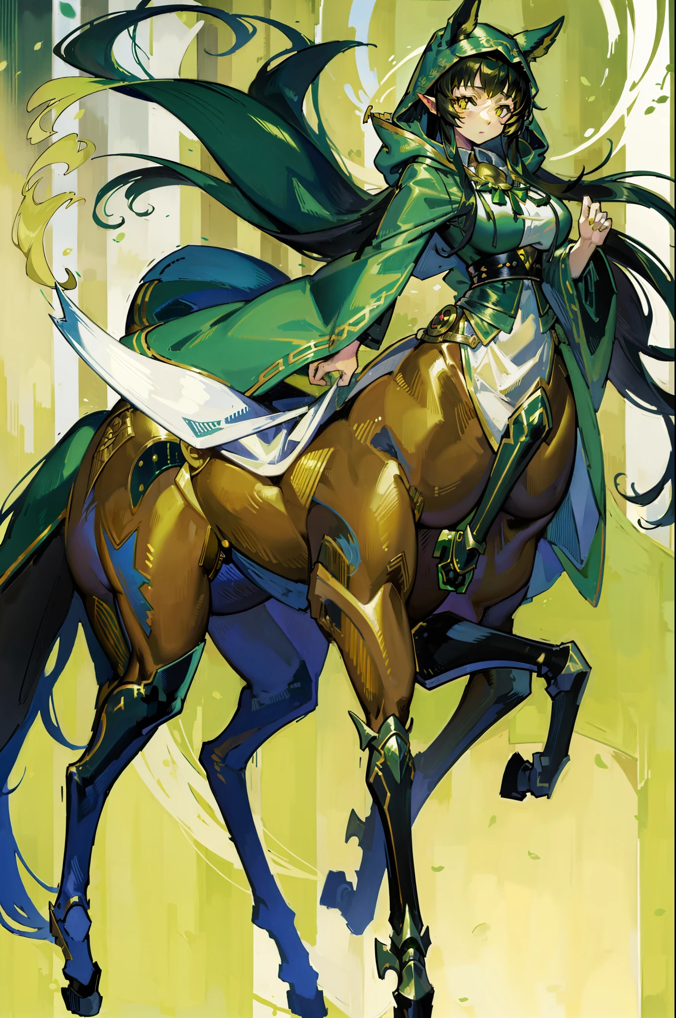 masterpiece, best quality, highrez, 1girl, anime, centaur, Green robe, full body robe, hood over head, long hair, black hair, yellow eyes.