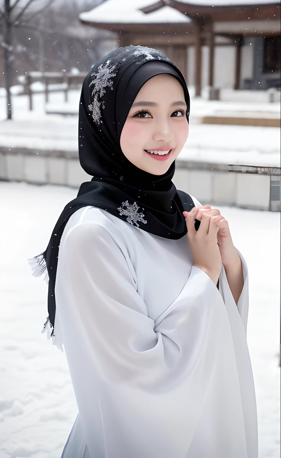 Best quality, 4K picture quality, 1 malay girl in hijab, white Hanfu, snow, long hijab fluttering in the wind, healing smile, large aperture, blurred background, mosque in background,