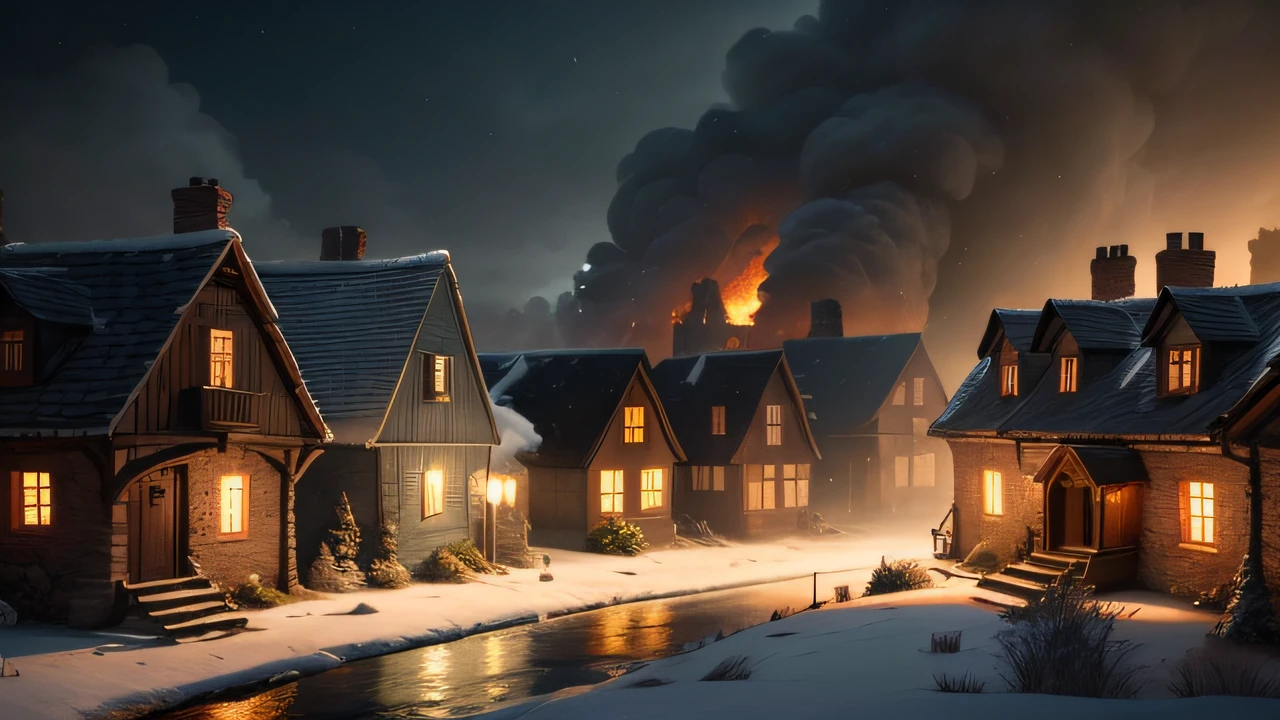 an 1800 year style ware house burning in night in the middle of a village,3d art,midjourney,oil paint