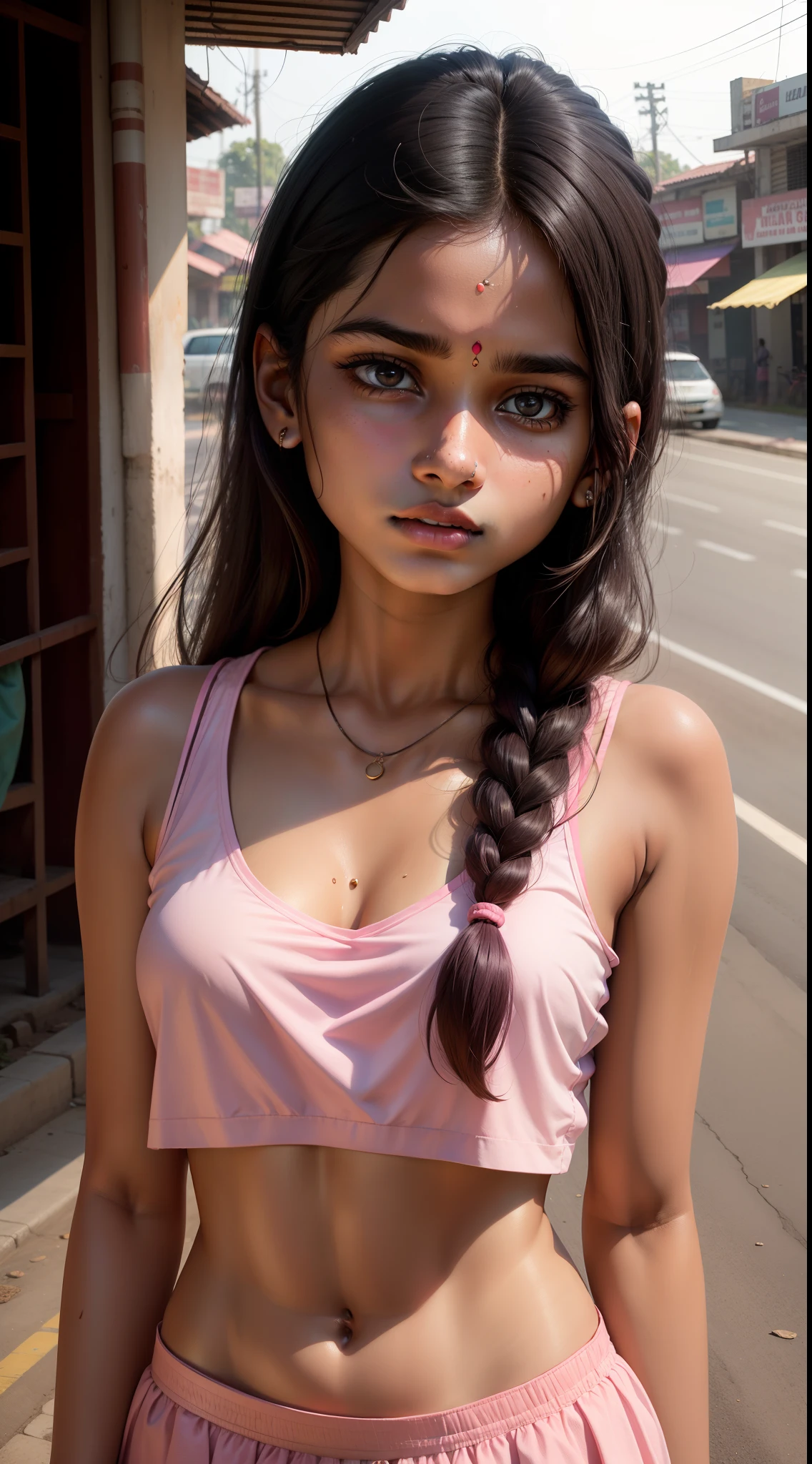 young Indian girl, -yeld, p top, gentle lighting, intricate facial details, flawless complexion, hyper-realistic, shot on Indian road.