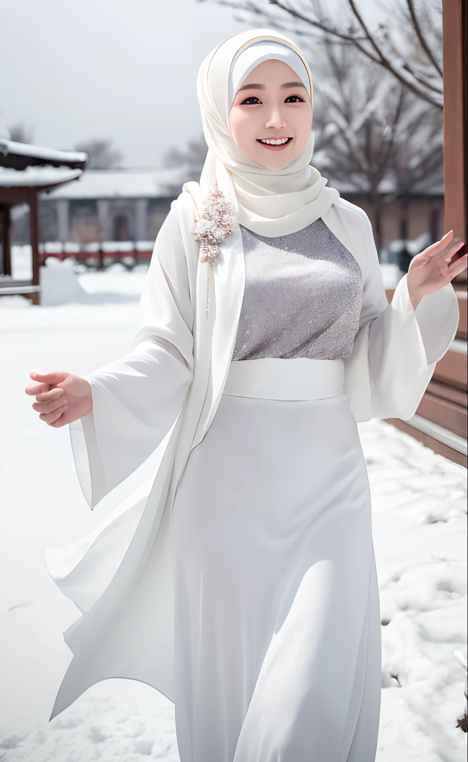 Best quality, 4K picture quality, 1 malay girl in hijab, white Hanfu, snow, long hijab fluttering in the wind, healing smile, large aperture, blurred background, mosque in background,