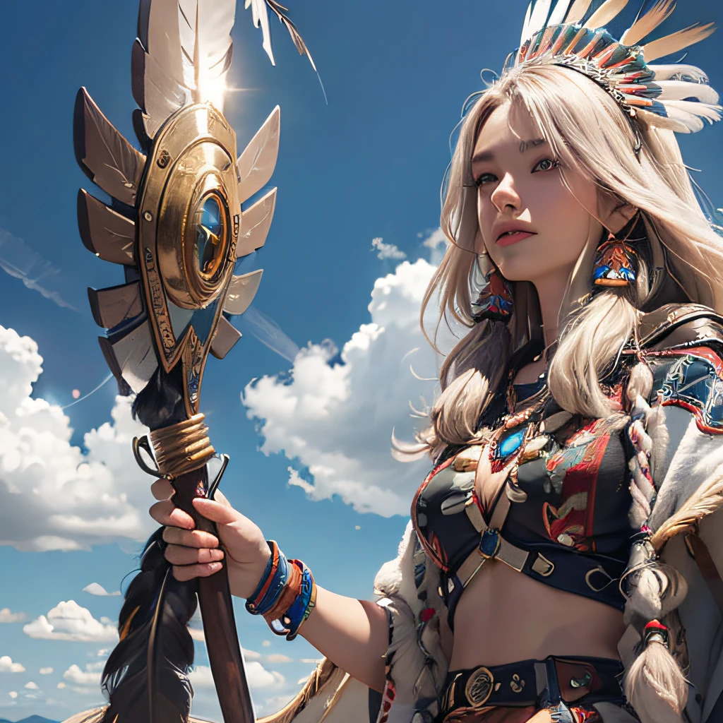 (Best Quality,Ultra-detailed,prismatic effects:1.2),masutepiece:1.2,skyporn, １garl
(youthfulness) native american, long white hair, While staring at the sky, holding axe, 
Traditional attire, Headdress of feathers,The magnificent Mount Olga, (Ayers Rock),Majestic Eagle, Sunlight