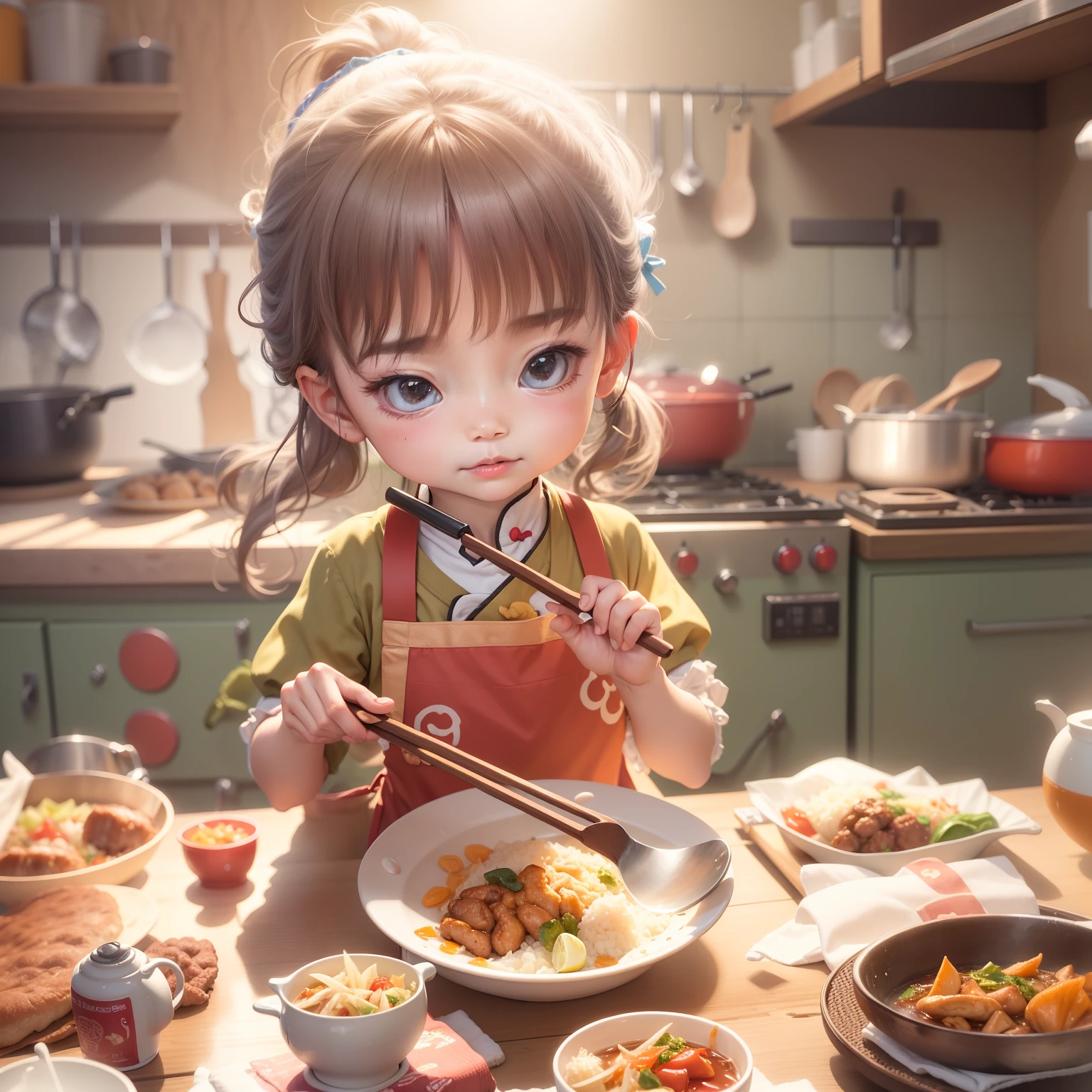 Little girl cooks Chinese food, kitchen, and the sun was shining brightly, the detail, 4K, k hd, high high quality.