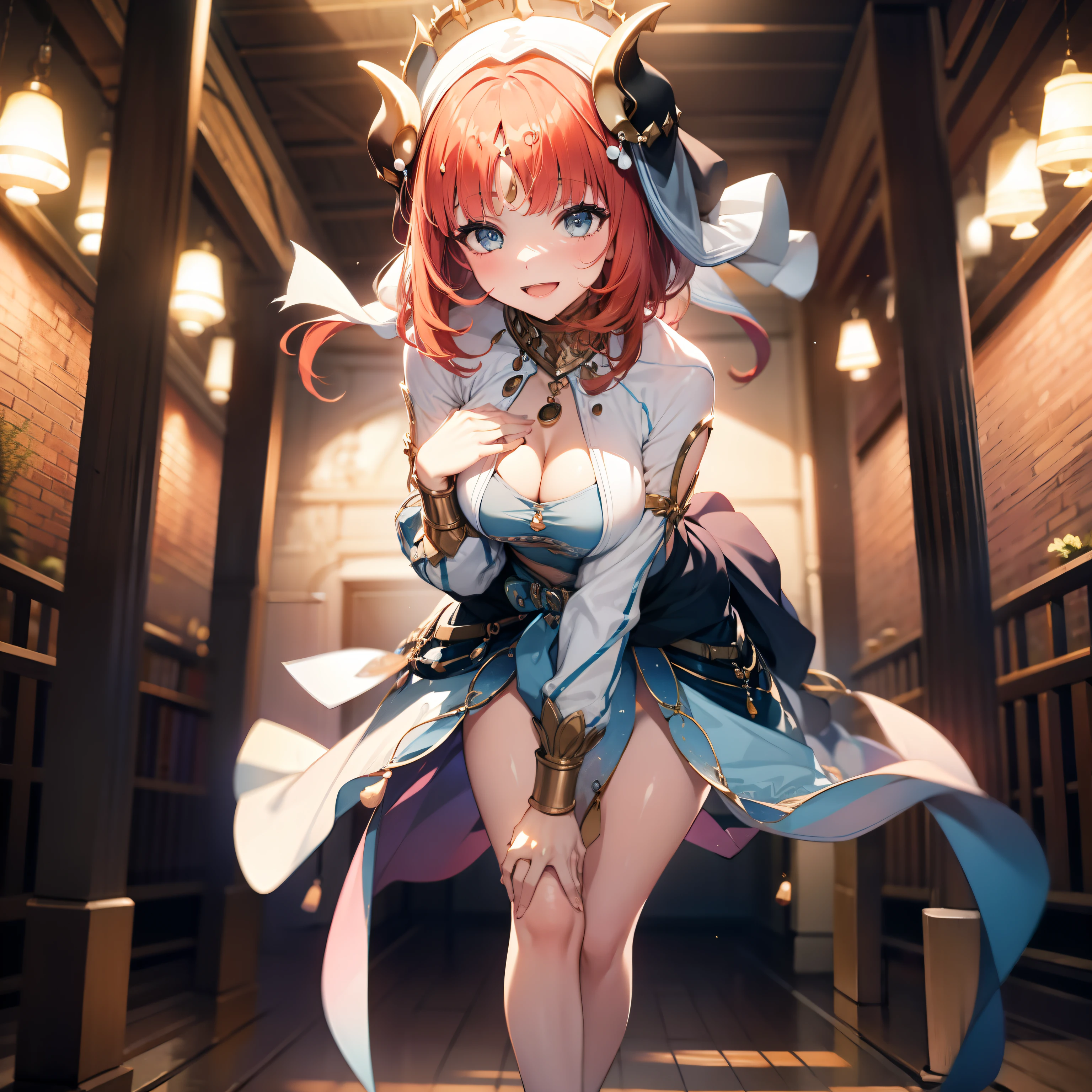 one-girl,Beautiful dance,Happy expression,Beautiful udder,cleavage,beautiful thigh,Place your hands on your legs