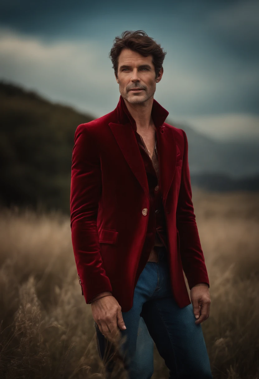 A handsom man in red , photo in the style of Patrick Demarchelier. Dressed in a red velvet jacket and  blue jeans , Tall and fit , (40 y old :1.1), (shaven:1.2), (cheveux bruns courts :1.5),(very short hair:1.6). in the style of ethereal beauty, Realistic blue sky, Hasselblad 1600F, Hyperrealistic portrait, couleurs vives, Lignes dynamiques, lisse et poli .