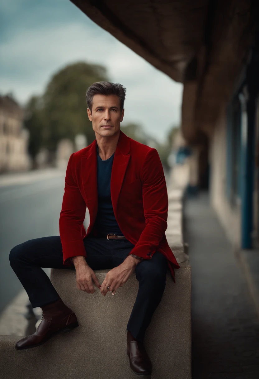 A handsom man in red , photo in the style of Patrick Demarchelier. Dressed in a red velvet jacket and  blue jeans , Tall and fit , (40 y old :1.1), (shaven:1.2), (cheveux bruns courts :1.5),(very short hair:1.6). in the style of ethereal beauty, Realistic blue sky, Hasselblad 1600F, Hyperrealistic portrait, couleurs vives, Lignes dynamiques, lisse et poli .