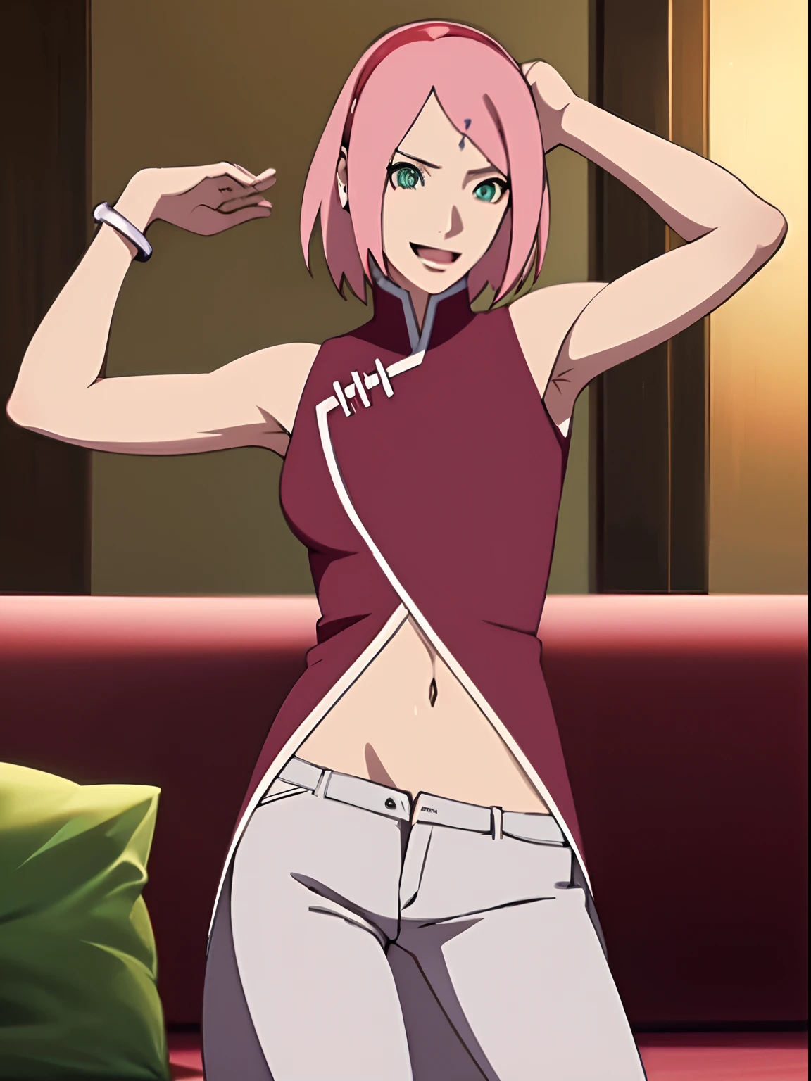 masterpiece, 4k, portrait, cowboy shot, (night), professional artwork, intricate details, colorful, digital blending, (ultra detailed body, ultra detail hair, ultra detail face), trending on pixiv, kind smile, best quality, anime style: 1.9, 1girl, hires, haruno sakura, (forehead mark, milf, red hairband, pale skin, (small breasts), short hair, ((red sleeveless dress,), white pants), (navel, belly button, slender body, slender belly, bracelet, pink hair, open mouth, big eyes), smile, beach, wind, floating hair, detailed arms, off-shoulders, broad shoulders, (both armpits , both hands up high), fancy couch, relaxing, laying, talking, looking at the viewer, showing armpit)