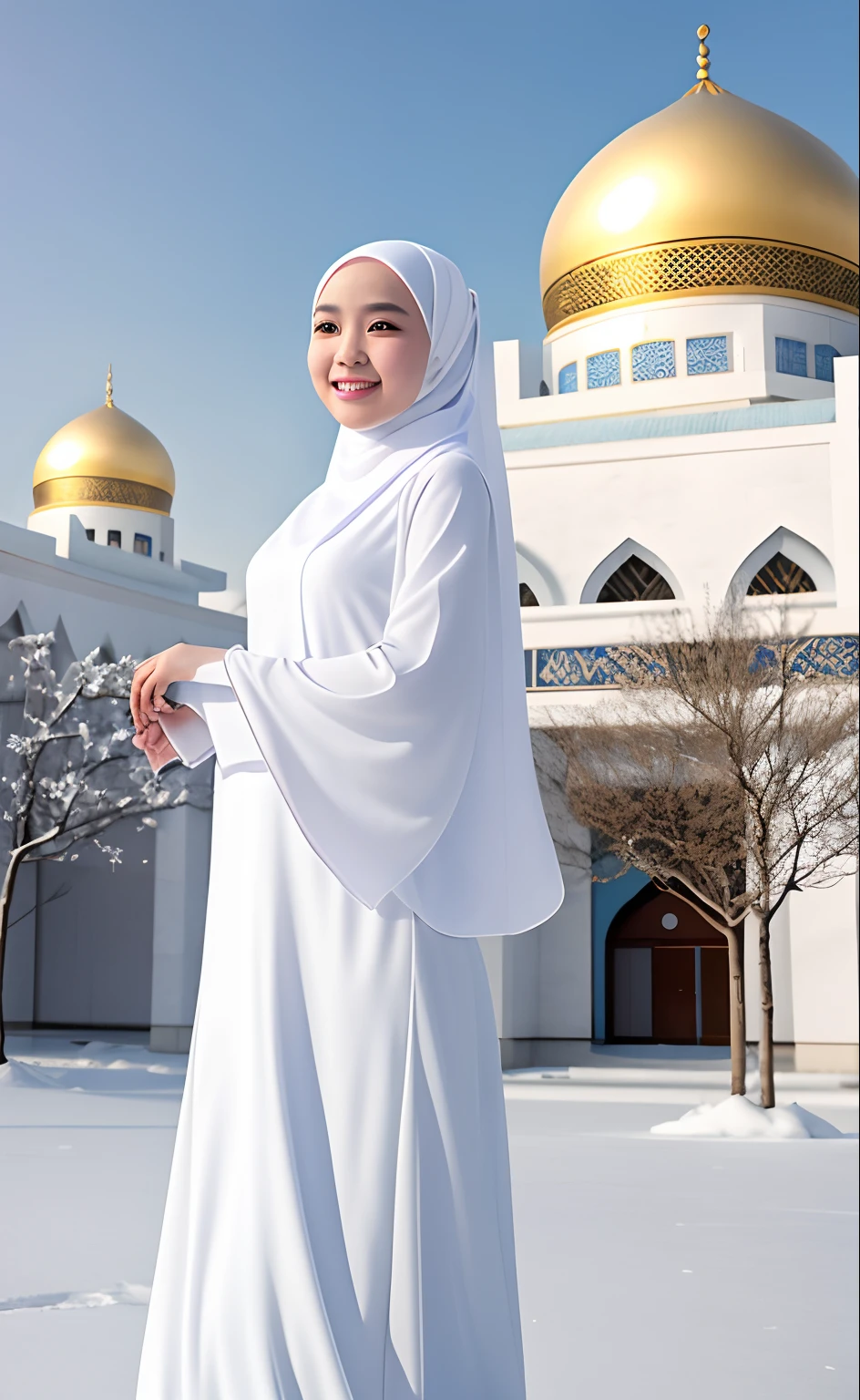 Best quality, 4K picture quality, 1 malay girl in hijab, white Hanfu, snow, long hijab fluttering in the wind, healing smile, large aperture, blurred background, mosque in background,