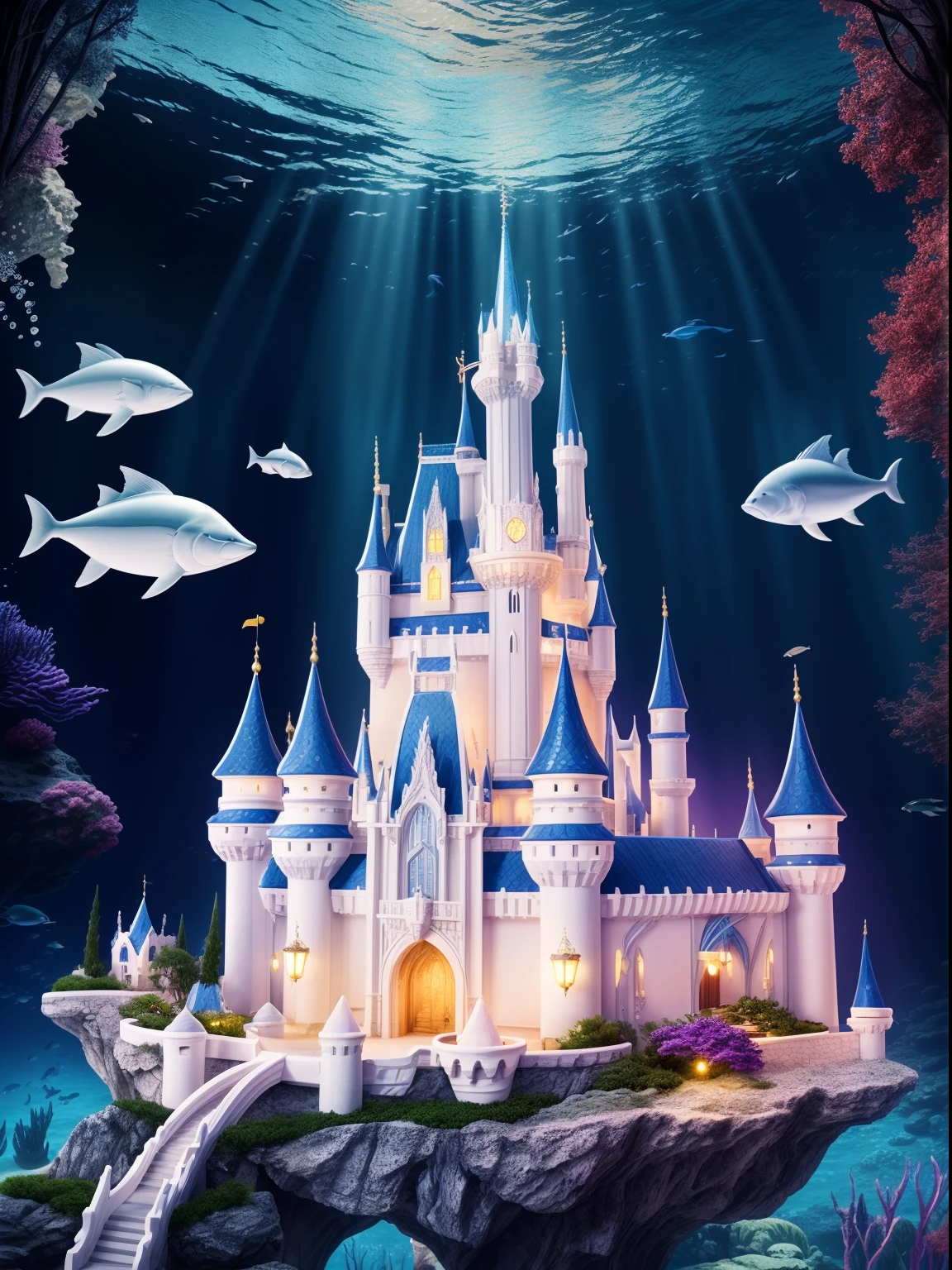 Fantasy worldview, dream castle, undersea world, undersea castle, white and beautiful, like a dream