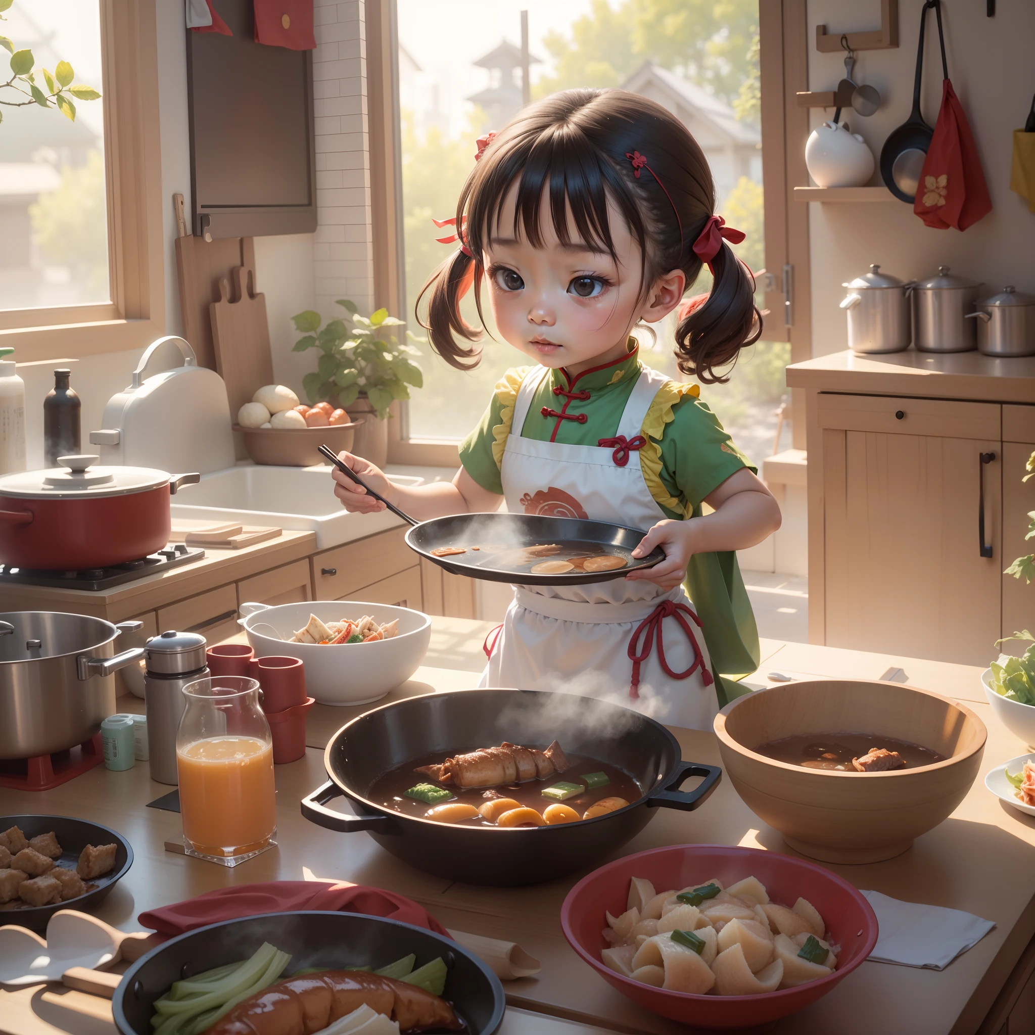 cooks Chinese food, Kitchen, and the sun was shining brightly, the detail, 4K, k hd, high high quality.