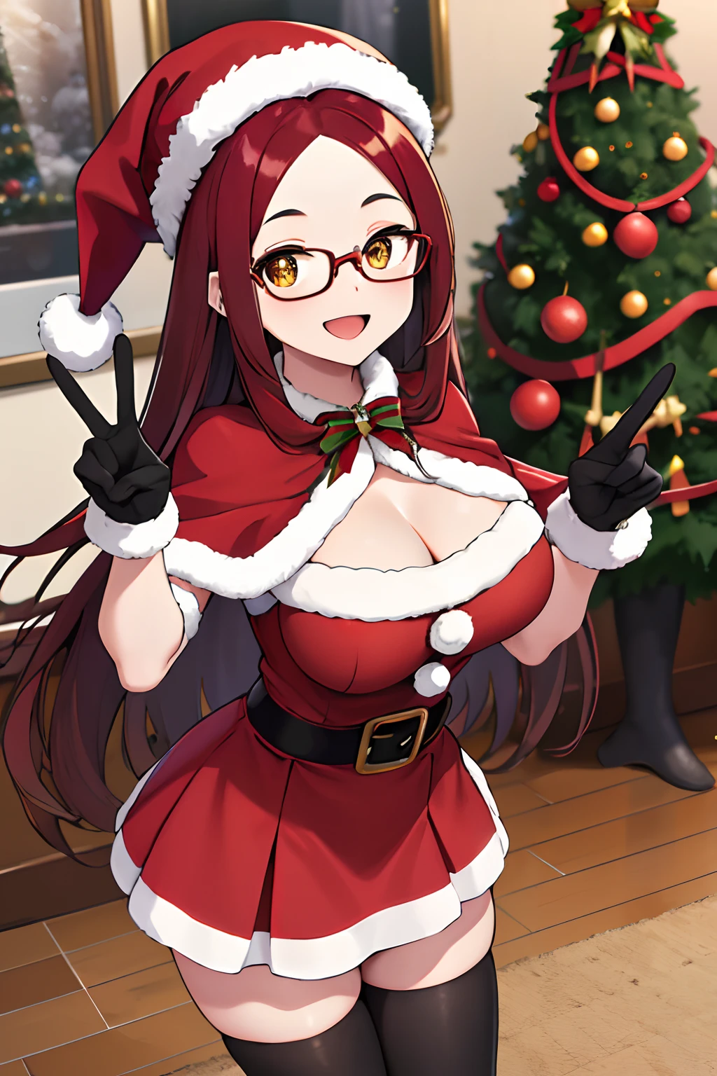 masterpiece, best quality, highres, ro1, red long hair, yellow eyes, belt, black thighhighs, gloves, christmas, cleavage, red capelet, santa hat, dress, standing, peace sign, indoors, christmas, smile, open mouth, forehead, big breasts ,glasses, RED HAIR
