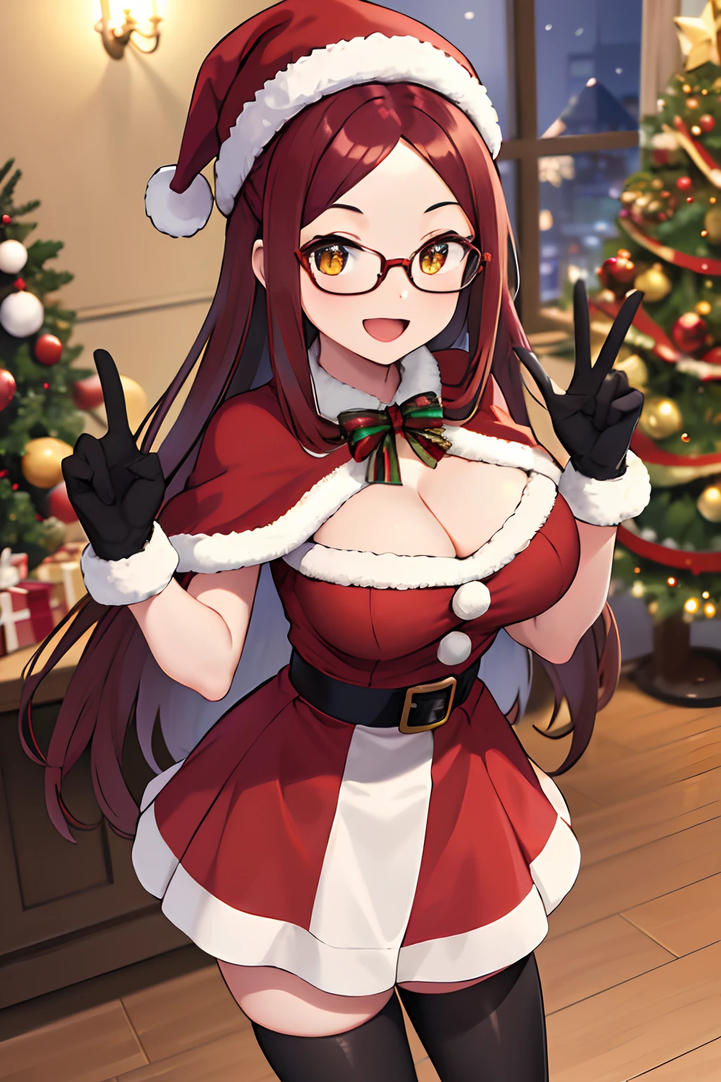 masterpiece, best quality, highres, ro1, red long hair, yellow eyes, belt, black thighhighs, gloves, christmas, cleavage, red capelet, santa hat, dress, standing, peace sign, indoors, christmas, smile, open mouth, forehead,  big breasts ,glasses, RED HAIR