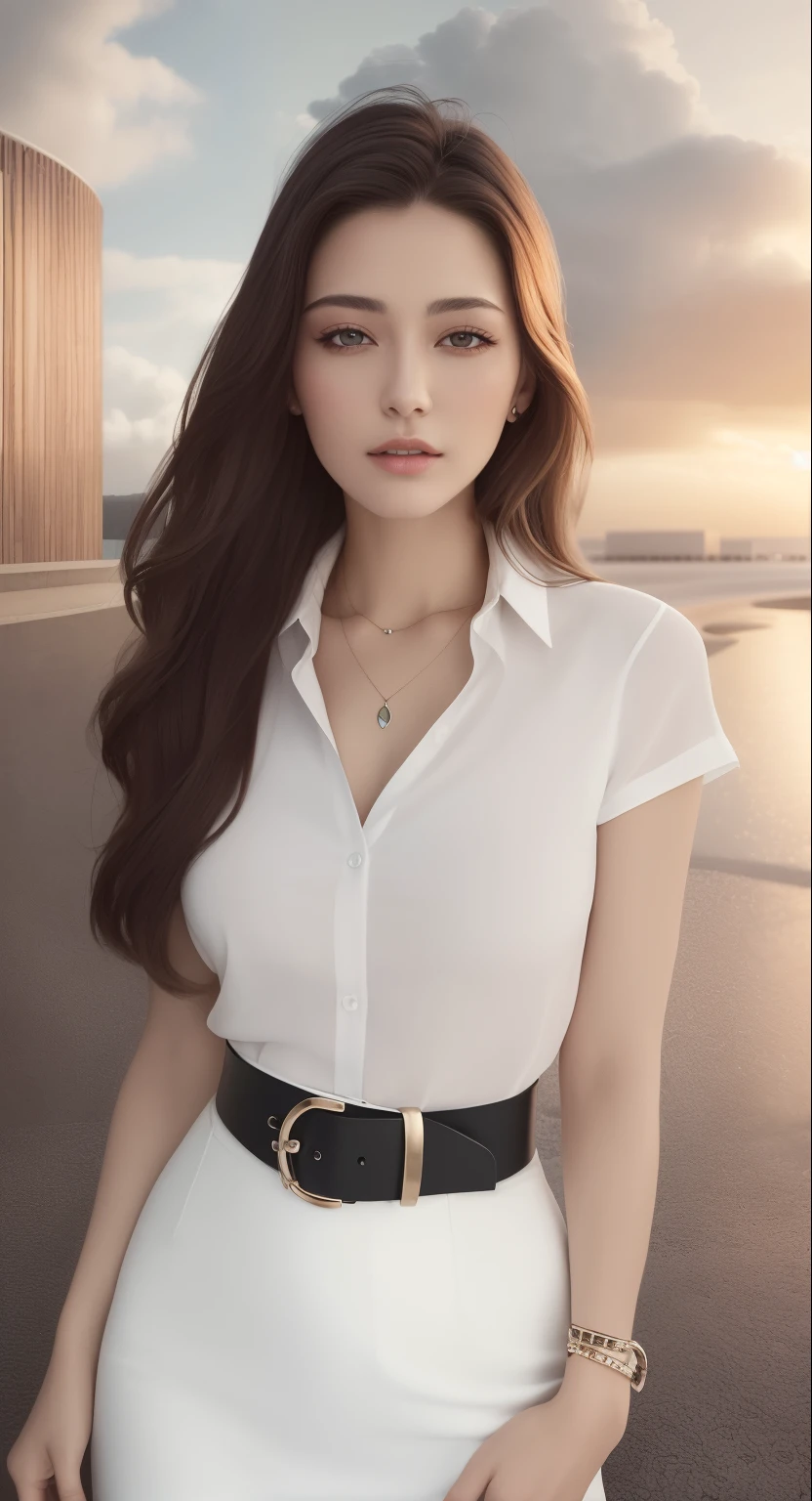 (Best quality, High resolution, Masterpiece :1.3), A tall and pretty woman, Slender abs, Dark brown hair styled in loose waves, Breasts, Wearing pendant, White button up shirt, Belt, Black skirt, (Modern architecture in background), Details exquisitely rendered in the face and skin texture, Detailed eyes, Double eyelid