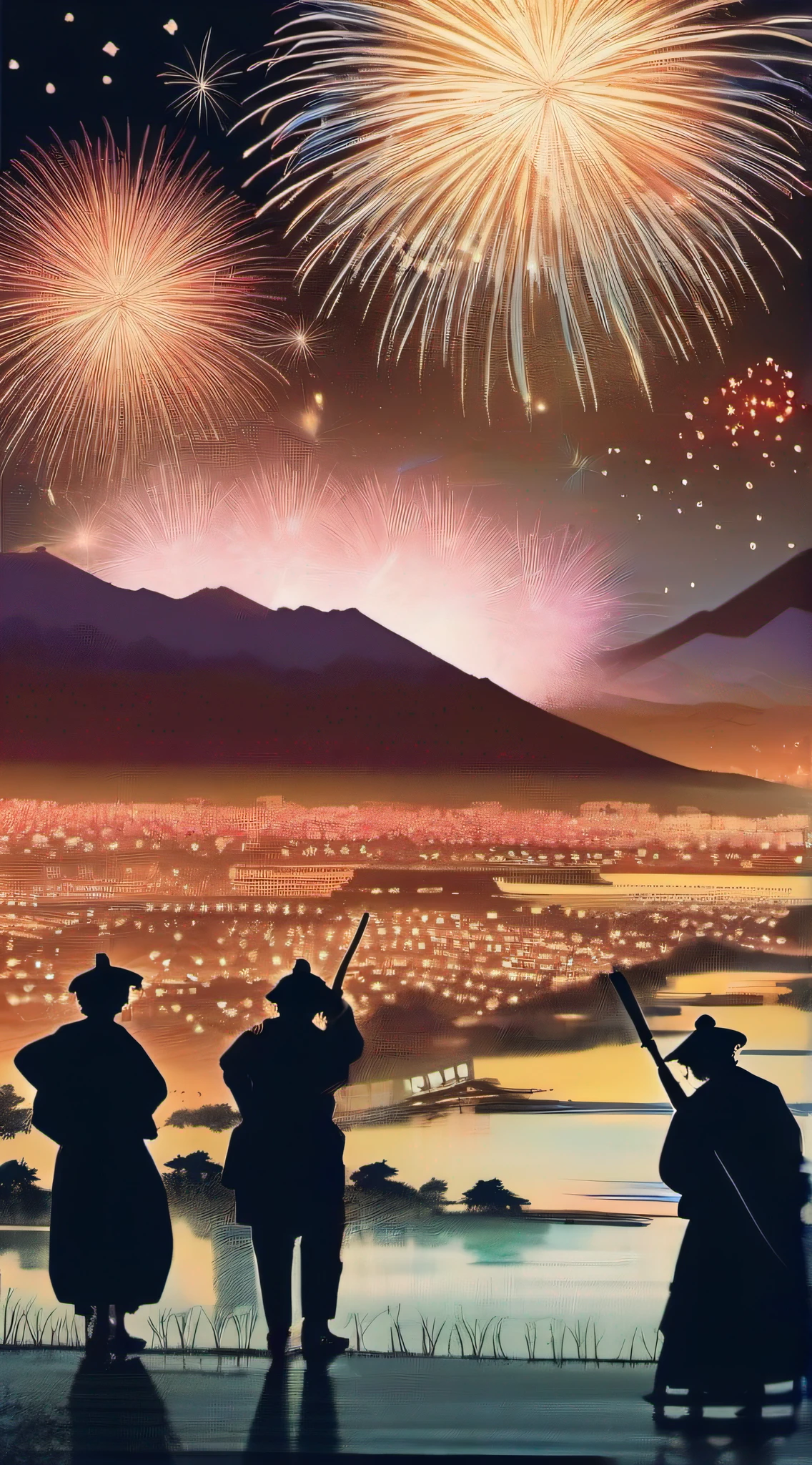 (Splendid fireworks in Edo)、(Spectators)、(Katsushika Hokusai-kaze)、Dynamic、Masterpiece、Highly detailed background,Realistic,ultra-detailliert,super detailed skin,light glow,Film grain,Expro II,Lens Flare,Sharpen,cinematic shadow
