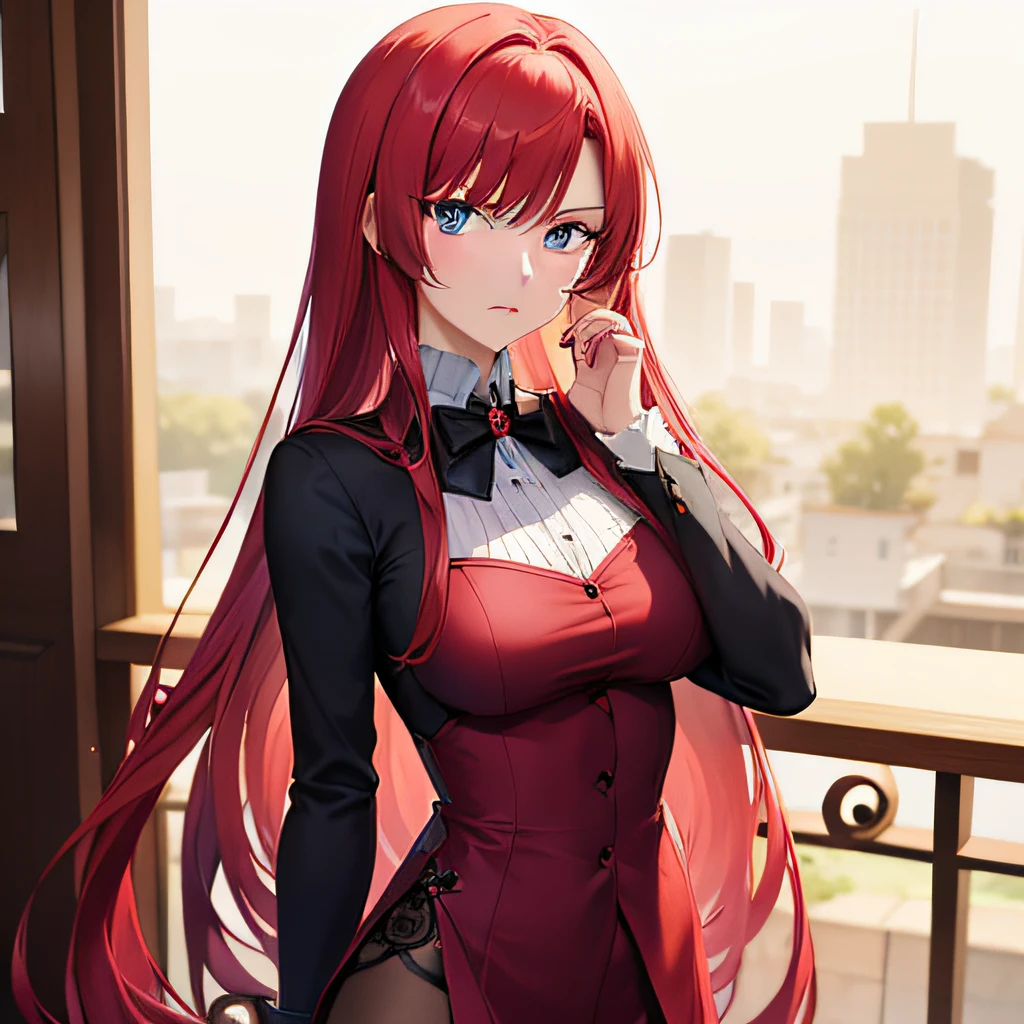 A pretty anime lady, wearing a classy clothes for woman, red-haired, light blue eyes, long silky red crimson hair, a young lady wearing a classy clothe. looked at you as if she hated you, an annoyed lady with crimson hair and light blue eyes