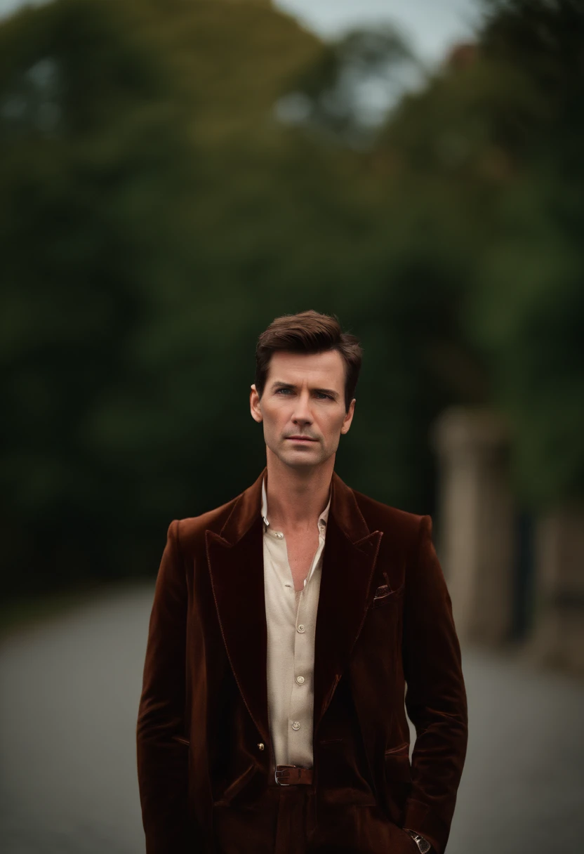 A handsom man in red , photo in the style of Patrick Demarchelier. (Dressed in a red velvet jacket and blue jeans:1.2) , Tall and fit , (40 years old :1.1), (shaven:1.2), (very short brown hair:1.9),(very short hair:1.6). in the style of ethereal beauty, Realistic blue sky, Hasselblad 1600F, Hyperrealistic portrait, couleurs vives, Lignes dynamiques, lisse et poli .