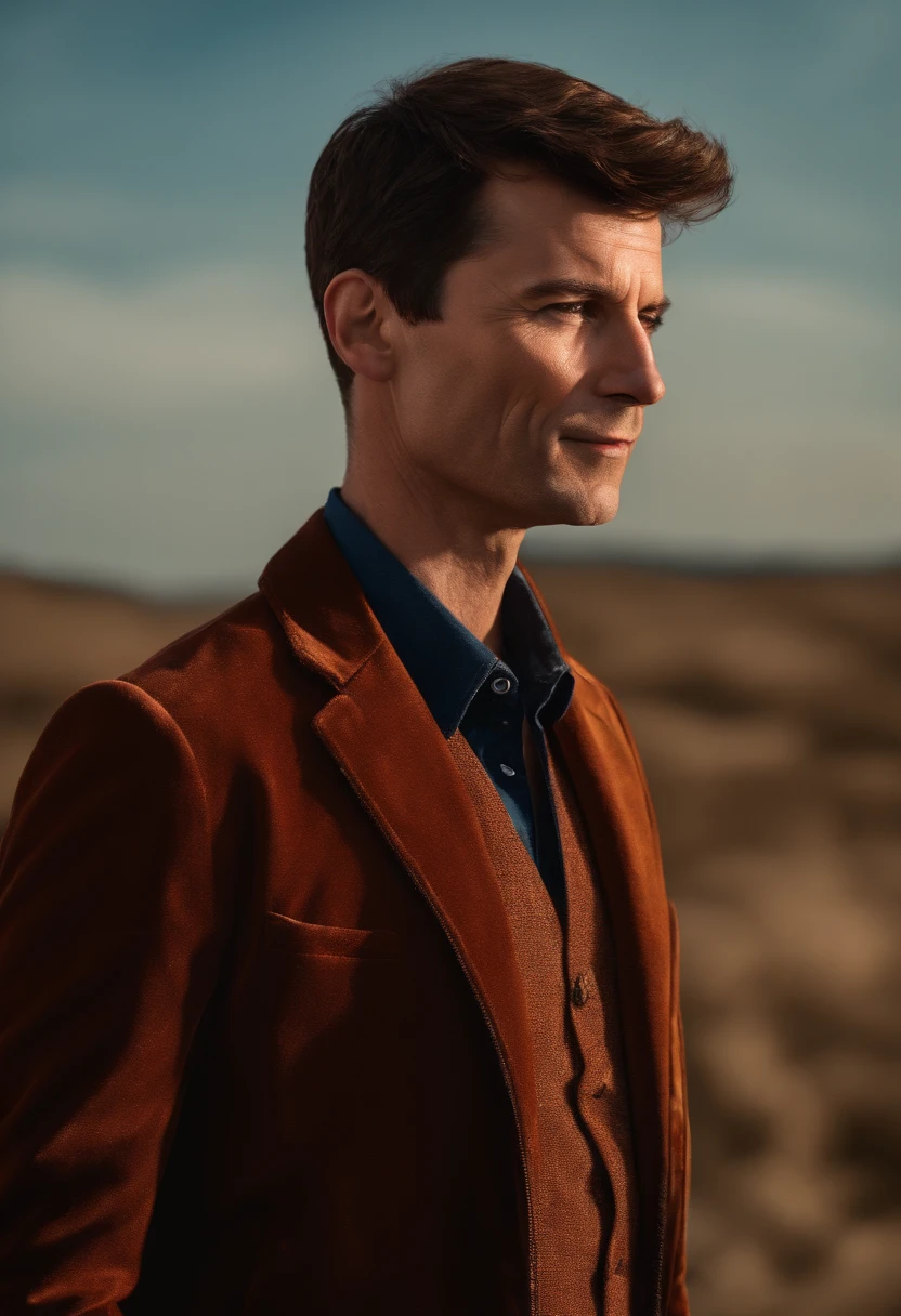 A handsom man in red , photo in the style of Patrick Demarchelier. (Dressed in a red velvet jacket and blue jeans:1.2) , Tall and fit , (40 years old :1.1), (shaven:1.2), (very short brown hair:1.9),(very short hair:1.6). in the style of ethereal beauty, Realistic blue sky, Hasselblad 1600F, Hyperrealistic portrait, couleurs vives, Lignes dynamiques, lisse et poli .