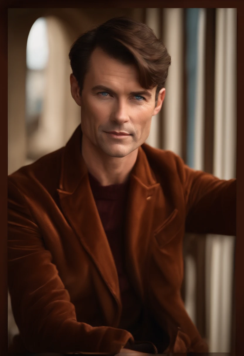 A handsom man in red , photo in the style of Patrick Demarchelier. (Dressed in a red velvet jacket and blue jeans:1.2) , Tall and fit , (40 years old :1.1), (shaven:1.2), (very short brown hair:1.9),(very short hair:1.6). in the style of ethereal beauty, Realistic blue sky, Hasselblad 1600F, Hyperrealistic portrait, couleurs vives, Lignes dynamiques, lisse et poli .