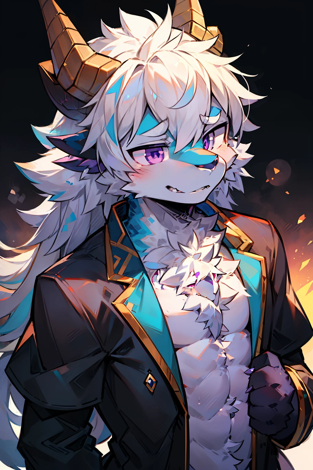 solo person,shaggy male,hairy chest,a Oriental Dragons,Oriental Dragons,Dragon's horn,Blue fur,long white hair,Purple eye,White pupils,cross-shaped pupils,Bullied,full bodyesbian,mages,Handsome,The expression was serious,apathy,Contempt for everything