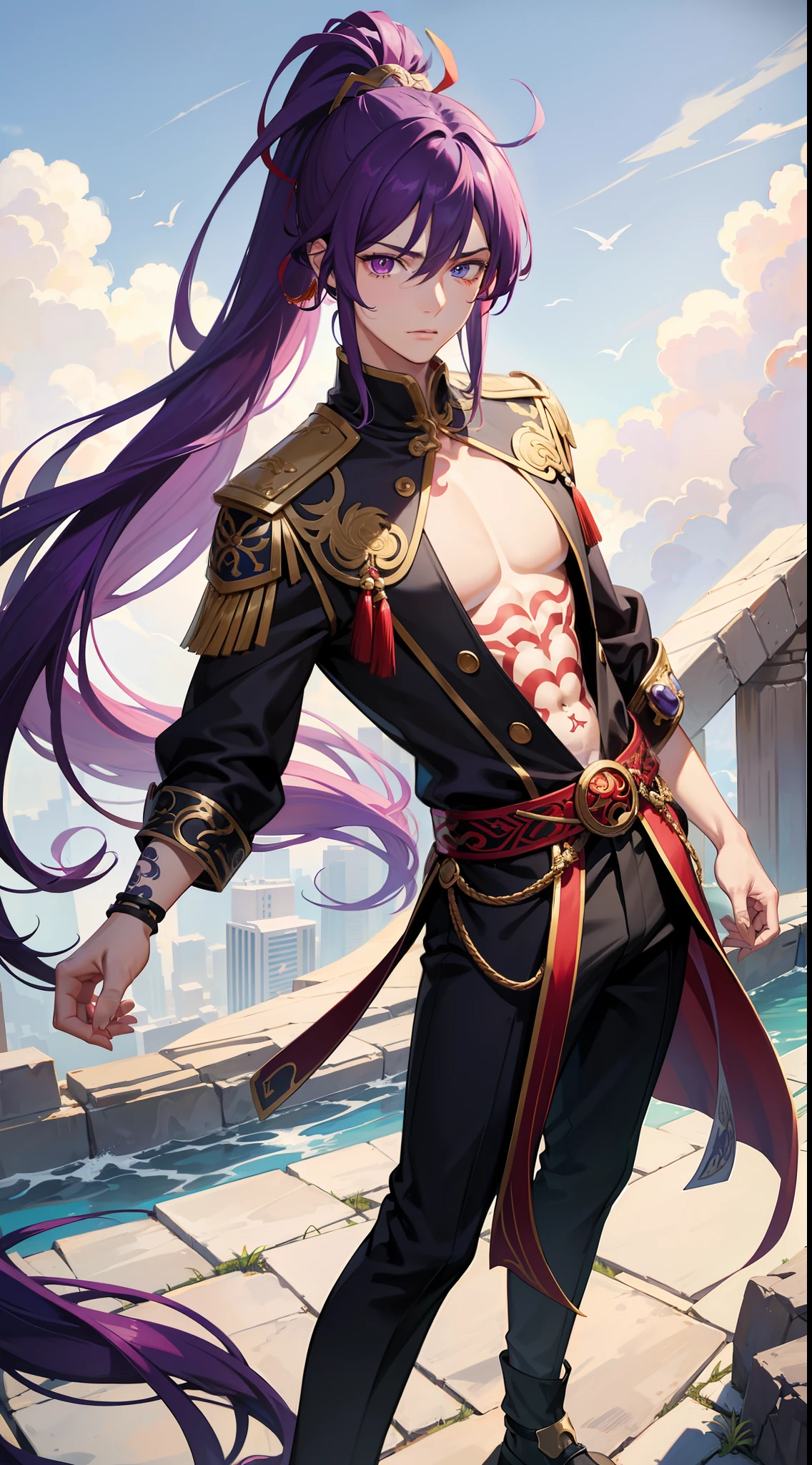 Grown-up guy, long purple hair, Part of the hair is gathered in a high ponytail, Heterochromia, The left eye is purple, Red right eye, The Monkey King's Armor, open torso, lots of tattoos, clouds beneath your feet, Masterpiece, hiquality, 4k, HD, Good detail