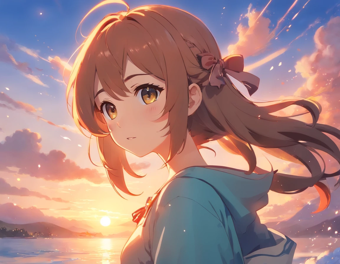 Nilou from Genshin Impact, Nilou, masterpiece, best quality, movie still, 1girl, cloud girl, close-up, bright, happy, warm soft lighting, sunset, (sparks:0.7)