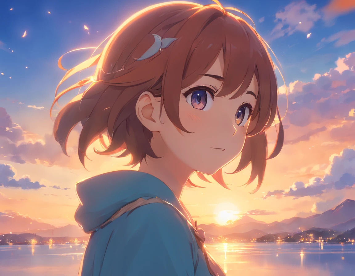 Nilou from Genshin Impact, Nilou, masterpiece, best quality, movie still, 1girl, cloud girl, close-up, bright, happy, warm soft lighting, sunset, (sparks:0.7)