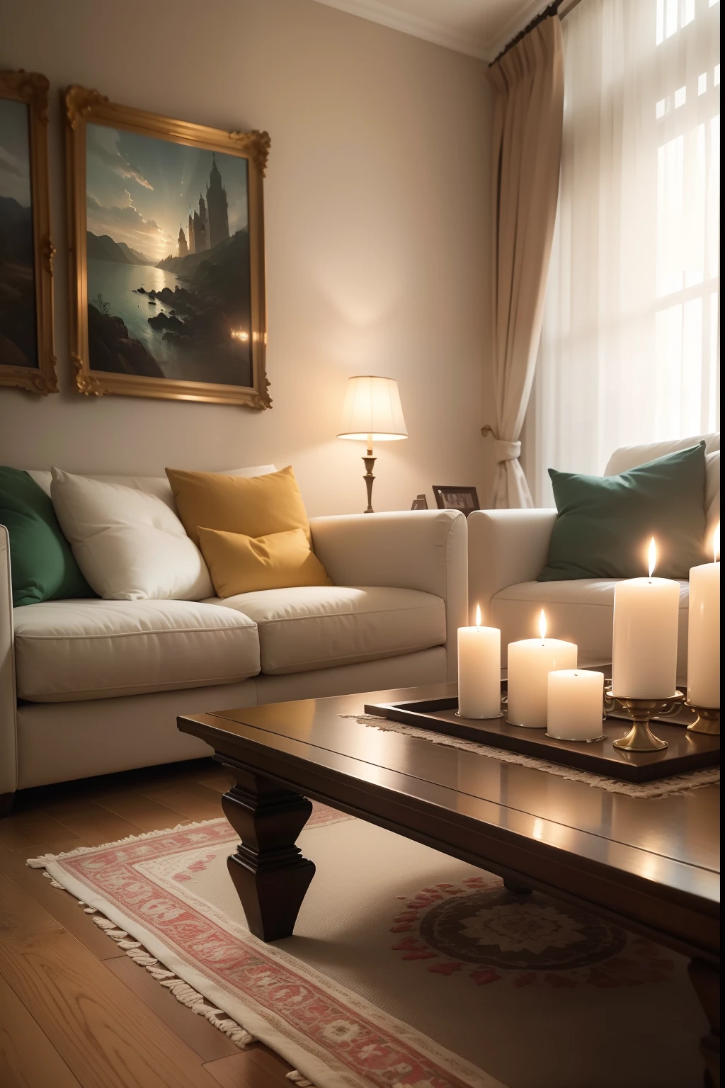 (best quality,4k,8k,highres,masterpiece:1.2),(realistic,photorealistic,photo-realistic:1.37),ultra-detailed,professional,sharp focus,vivid colors,bokeh,
modern spacious living room with a beautiful and stylish decoration. The room is adorned with ((large lit candles)), which are placed on tables and shelves. The candles are in white, green, and beige colors. The scene is hyperrealistic, capturing every fine detail.