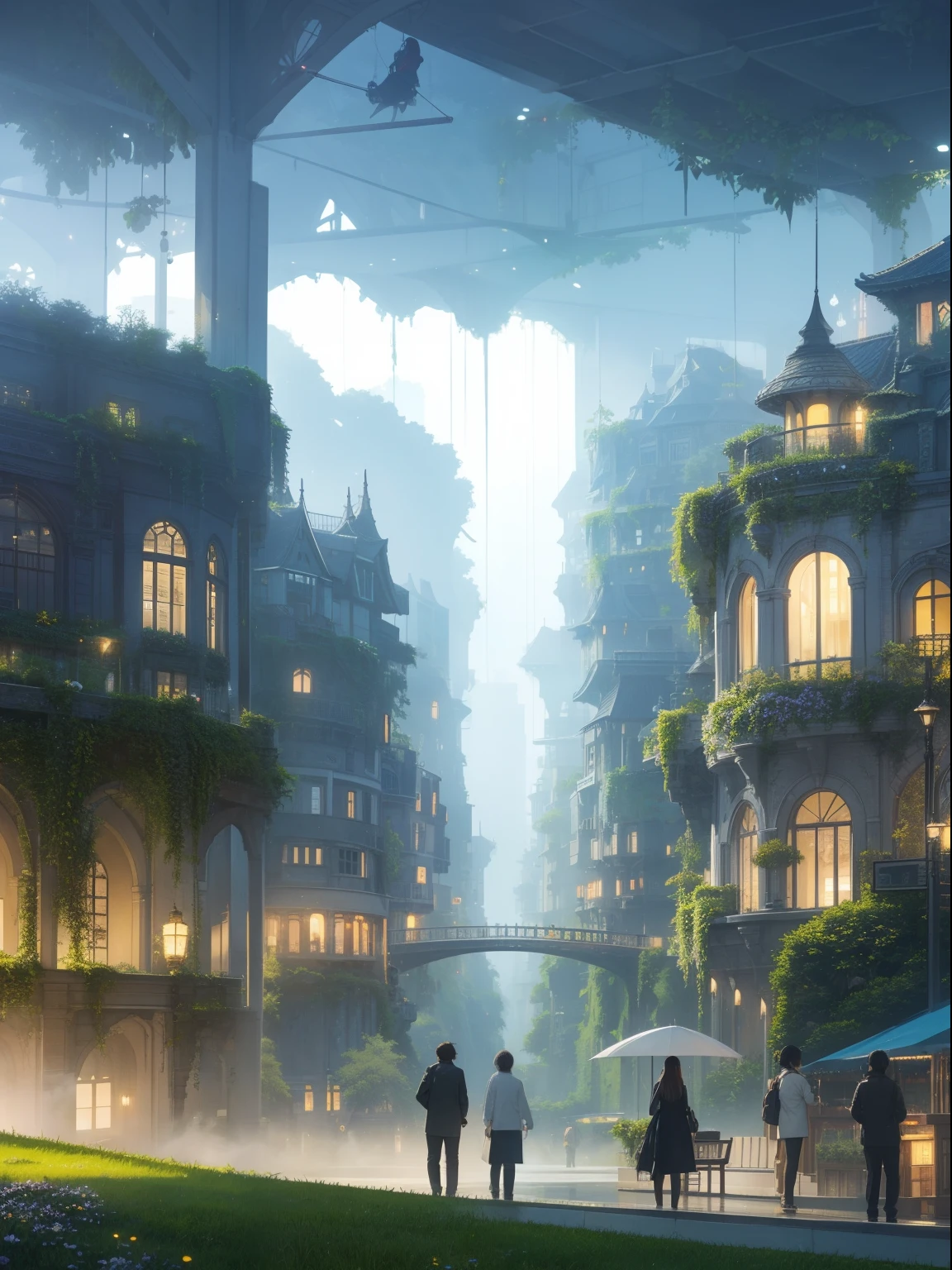 City of the Future、The Great Hanging Garden of the Future、Beautiful fog、cloudiness、trees、flower  field、sparklers、beautiful  lighting、Best Quality,masutepiece,