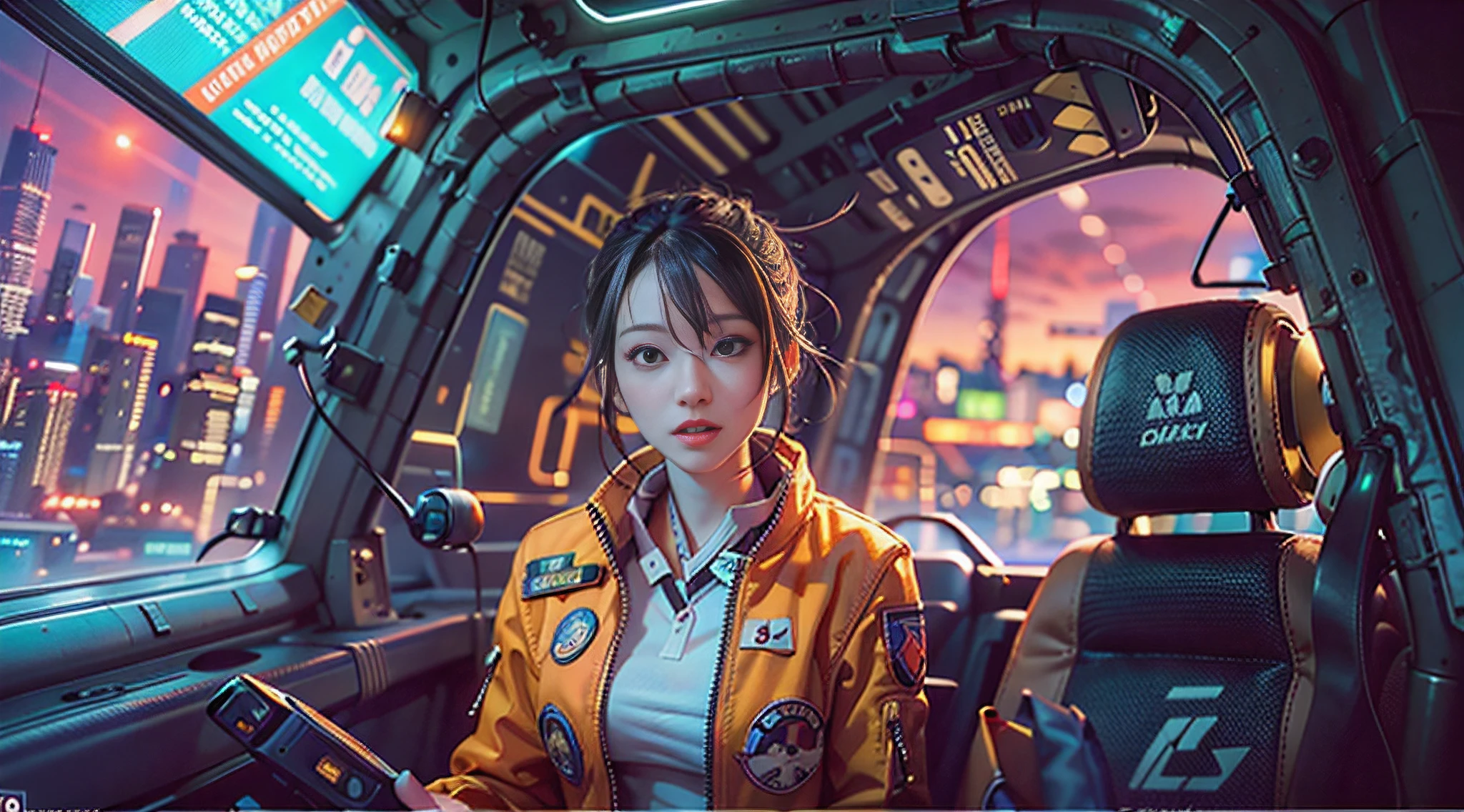 masutepiece, (Best Quality:1.4), realisitic, Highly Detailed CG Unified 8k Wallpaper, ighly Details, High Definition RAW Color Photography, professional photoshooting, realistic portrait, Wallpaper style, Create a glamorous image of a confident female pilot in the cockpit of the future.., Skillfully steer a giant robot through a neon-lit metropolis., Scenes full of adventure and charm, It mixes traditional and digital painting techniques to capture the mood,