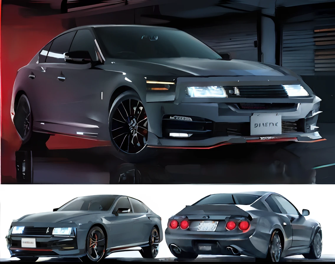 Photo of a car with a red light on and a black car with a red light, with sleek lines and a powerful, futuristic suzuki, kit, vehicle concept photo!!, Inspired by Fumito Ueda, grateful, sky line, inspiration, Wide Body, Modified carbon, front side views full, Sleek and elegant design, Beautiful!!!