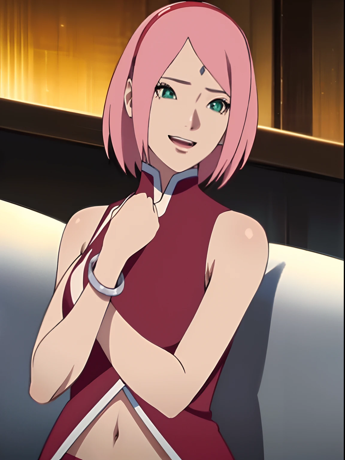masterpiece, 4k, portrait, cowboy shot, (night), professional artwork, intricate details, colorful, digital blending, (ultra detailed body, ultra detail hair, ultra detail face), trending on pixiv, kind smile, best quality, anime style: 1.9, 1girl, hires, haruno sakura, (forehead mark, milf, red hairband, pale skin, (small breasts), short hair, ((red sleeveless dress,), white pants), (navel, belly button, slender body, slender belly, bracelet, pink hair, open mouth, big eyes), smile, beach, wind, floating hair, detailed arms, off-shoulders, broad shoulders, (both armpits , both hands up high), fancy couch, relaxing, laying, talking, looking at the viewer, showing armpit)