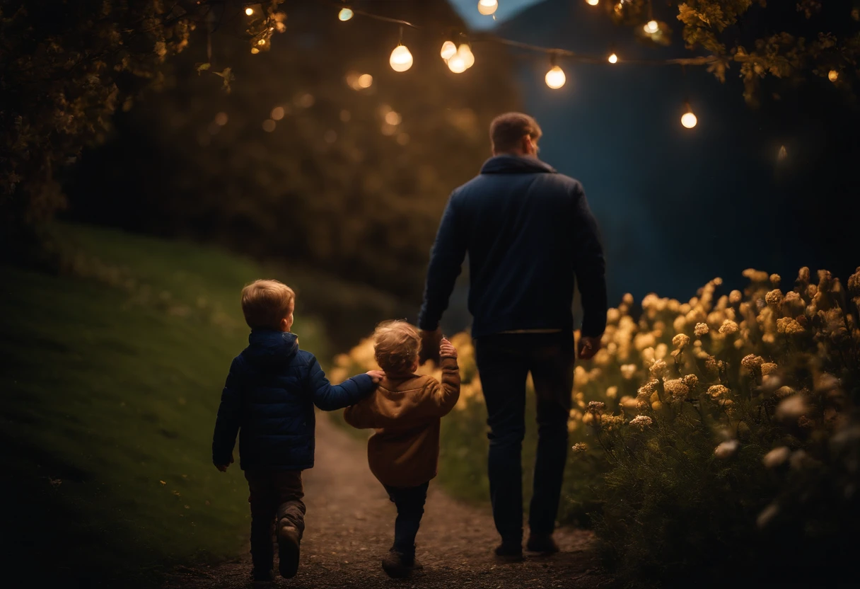 FATHER AND 5 YEAR OLD SON PLAYING, NIGHTTIME, FLOWERS, NATURE, MOONLIGHT, 8K, intricate details, HDR, beautifully shot, realistic, sharp focus, 64 megapixels, perfect composition, high contrast, cinematic, 8K, CAUCASIAN, BLUE EYES, Italy
