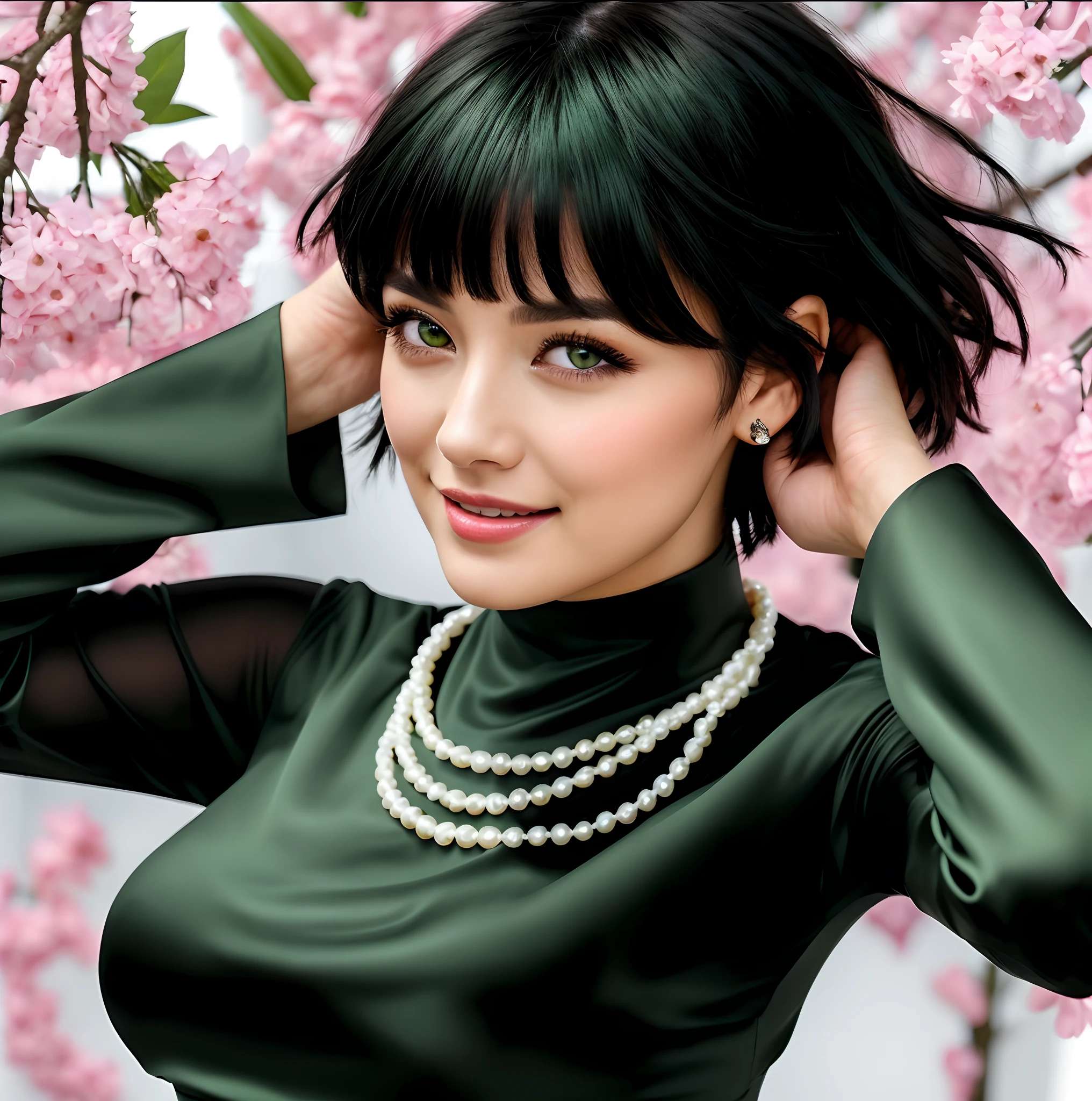 there is a woman with a white pearl necklace and a dark green dress, realistic, pretty woman with green eyes and pretty lips, hot looking, twenty four years old, short black hair, moving her hands behind her head, 4k, 8k, high detailed, ultra realistic, ultra detailed photo realistic, smiling with a closed mouth (not showing teeth), she has a short cleopatra bob black hairstyle, big eyes with GREEN iris