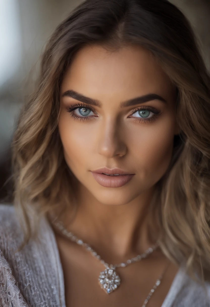Arafed woman with a white tank top and necklace, fille sexy aux yeux verts, Portrait Sophie Mudd, cheveux bruns et grands yeux, selfie of a young woman, Yeux de chambre, Violet Myers, sans maquillage, maquillage naturel, looking straight at camera, Visage avec Artgram, Maquillage subtil, stunning closeupheadshot, piercing green eyes