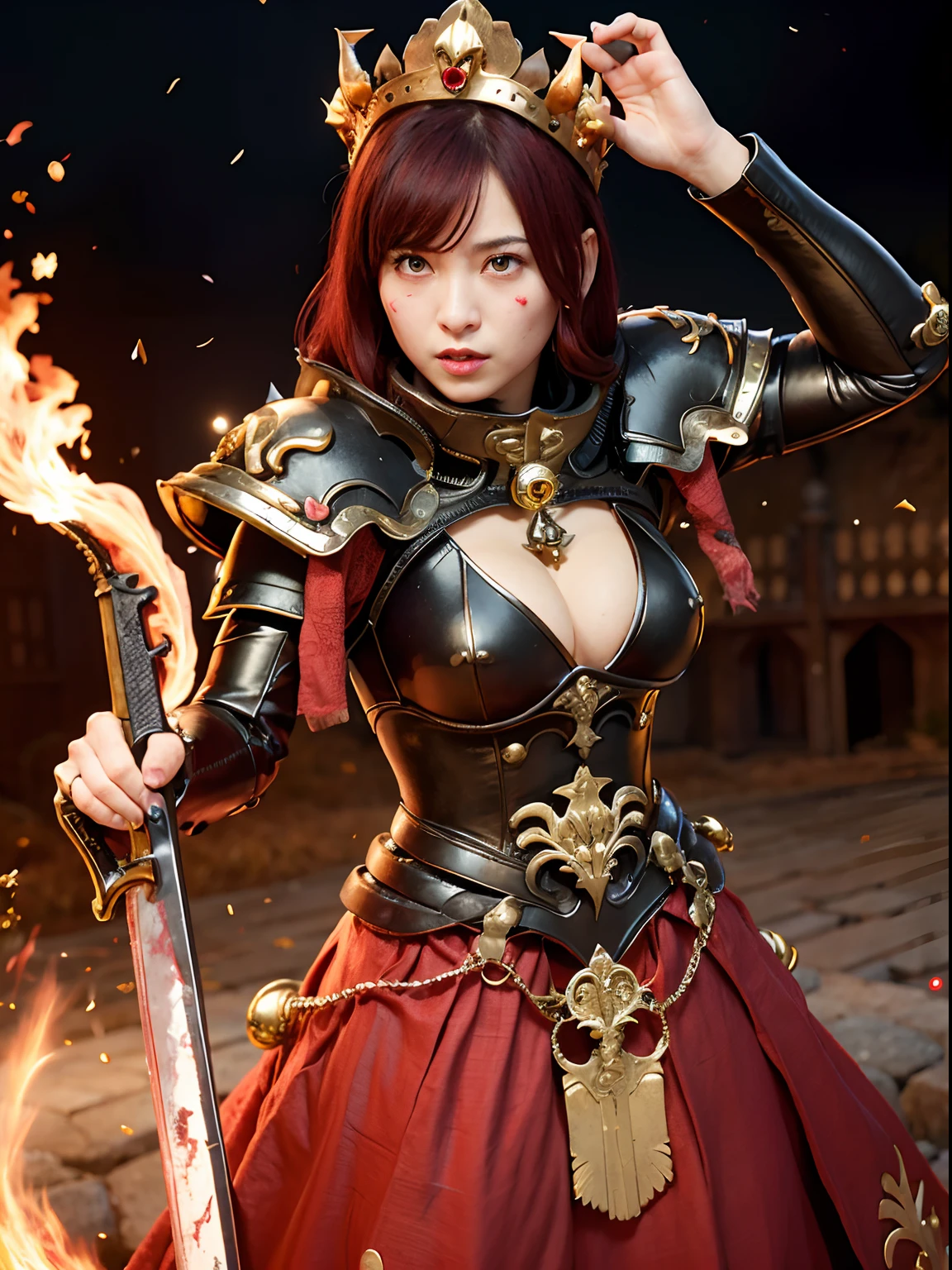 (Bleeding from the head), Professional , masterpiece、top-quality、photos realistic , depth of fields (Gemstone Black Metal Body:1.9),(Matte Black、Toostock、(cleavage of the breast)、((Random Hairstyles 1.6),Dark Fantasy,)explosions、intense fighting、Blood on the face,Blood Rain,Blood fog(blood splattere:1.2),Dragon Gold Weapon,Mystical expression、Particles of light、Fight dragons、(),Gorgeous Silver Weapons ,(( Dragon's dense and gorgeous sword)) , Beautiful knife ,warhammer 40k , adepta sororitas,Detail and gorgeous crown、((Red hair))、(Castle background)、、((Gangle's forest background))、Beautiful Caucasian beauty、1a person、dynamic ungle,(((Detailed and ornate Black Devil Crown)))、Smaller head、A smile、Castle background、Thin and beautiful female hands、cleavage of the breast、Soldier in iron armor on background、Mystical expression、Light Effects、intense fighting、Wind-effect、magic circles、With the legendary magic wand、(demonic wings)、