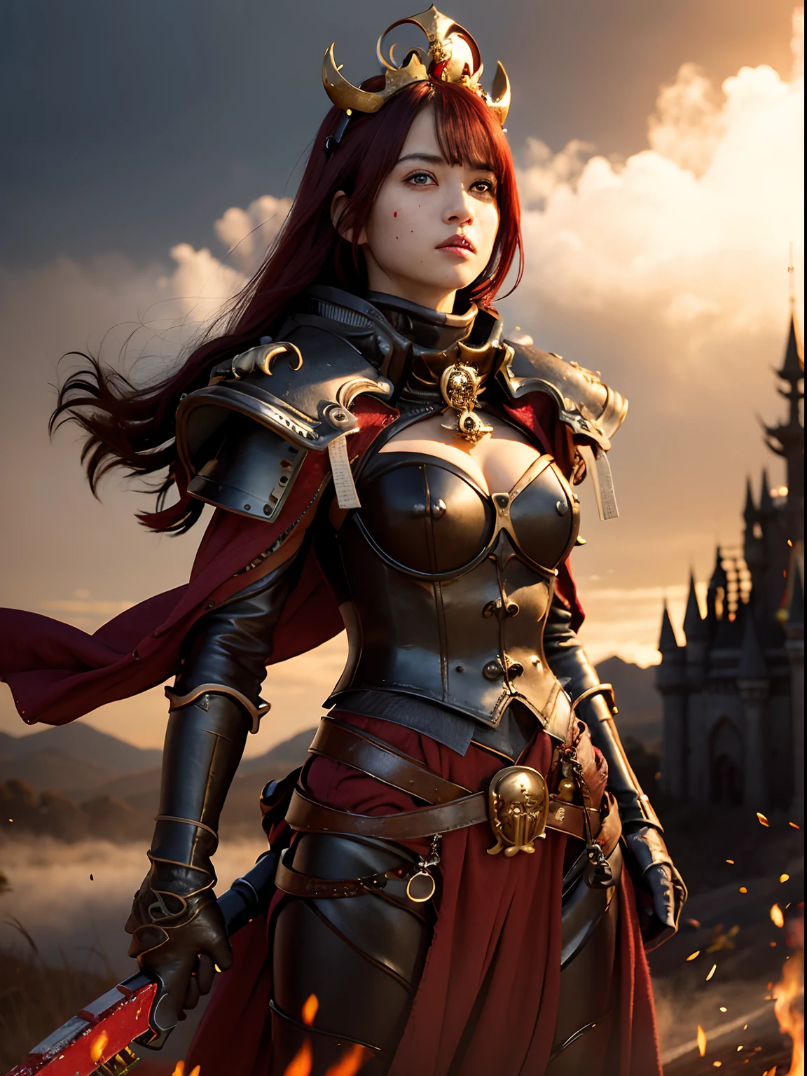 (Bleeding from the head), Professional , masterpiece、top-quality、photos realistic , depth of fields (Gemstone Black Metal Body:1.9),(Matte Black、Toostock、(cleavage of the breast)、((Random Hairstyles 1.6),Dark Fantasy,)explosions、intense fighting、Blood on the face,Blood Rain,Blood fog(blood splattere:1.2),Dragon Gold Weapon,Mystical expression、Particles of light、Fight dragons、(),Gorgeous Silver Weapons ,(( Dragon's dense and gorgeous sword)) , Beautiful knife ,warhammer 40k , adepta sororitas,Detail and gorgeous crown、((Red hair))、(Castle background)、、((Gangle's forest background))、Beautiful Caucasian beauty、1a person、dynamic ungle,(((Detailed and ornate Black Devil Crown)))、Smaller head、A smile、Castle background、Thin and beautiful female hands、cleavage of the breast、Soldier in iron armor on background、Mystical expression、Light Effects、intense fighting、Wind-effect、magic circles、With the legendary magic wand、(demonic wings)、