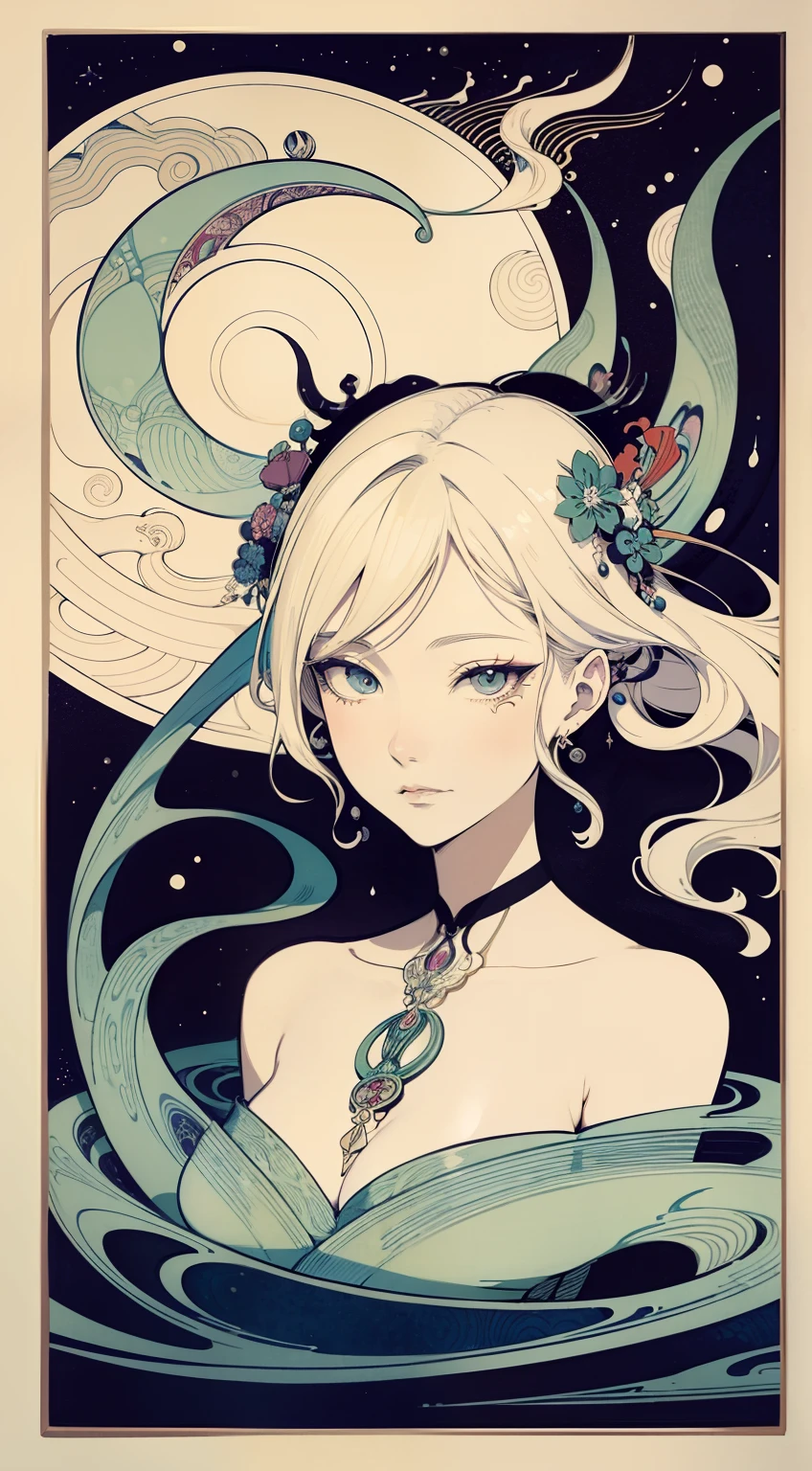 Ukiyo-e style Charles Robinson, Frank Pape, Kay Nielsen, surreal wondrous strange Whimsical absurderes fanciful Sci-Fi Fantasy Sphere mythology. Portrait of goddess holding a sword. Melting makeup. Snake around neck. Chains