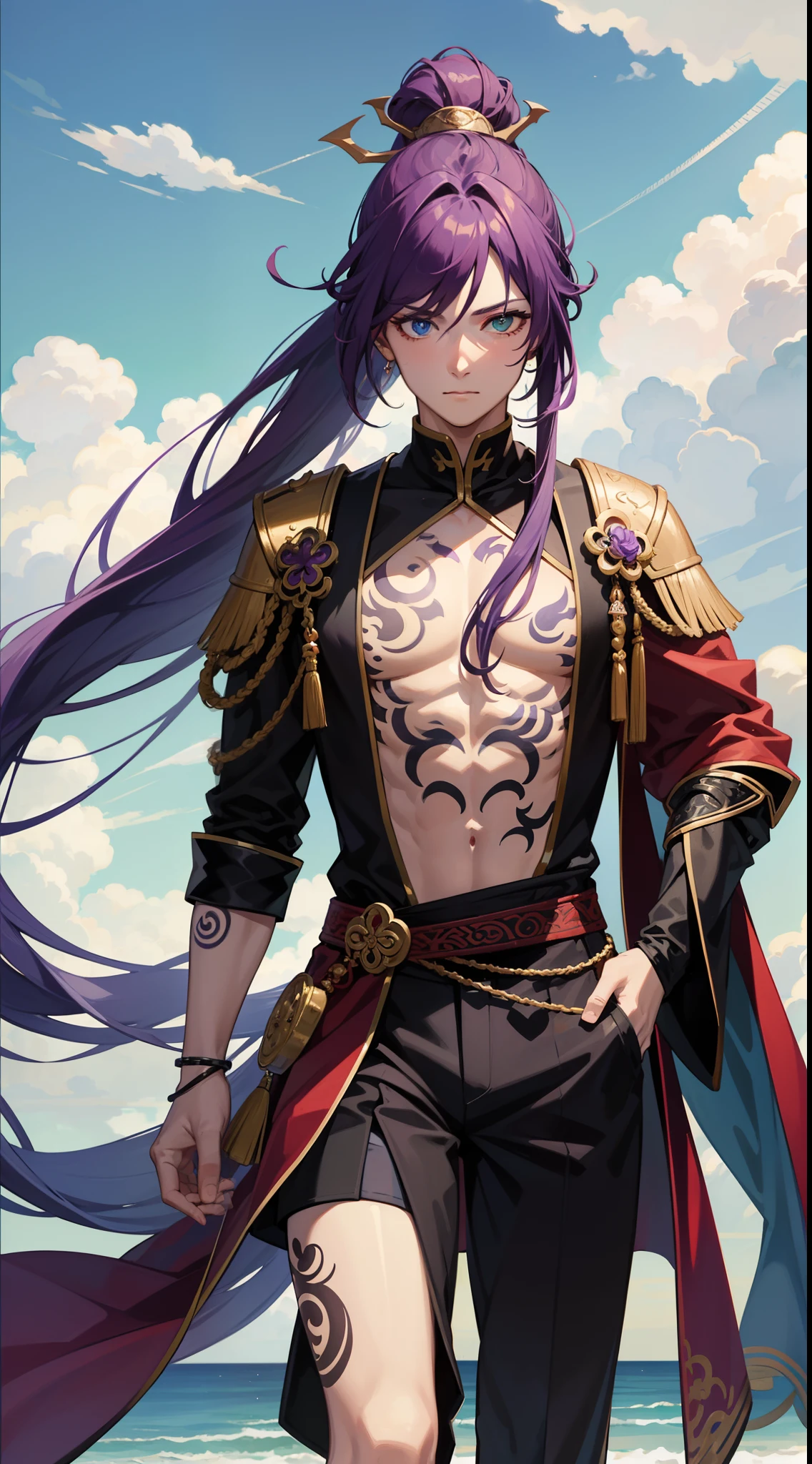 Cu_chulainn_(caster)_(fate)Ultra detailed, highres, absurdres, HDR, , blue black hair, red eyes, mole under his eye, Fate Zero, handsome, 1 man only, red curtains, moon, window, petals,