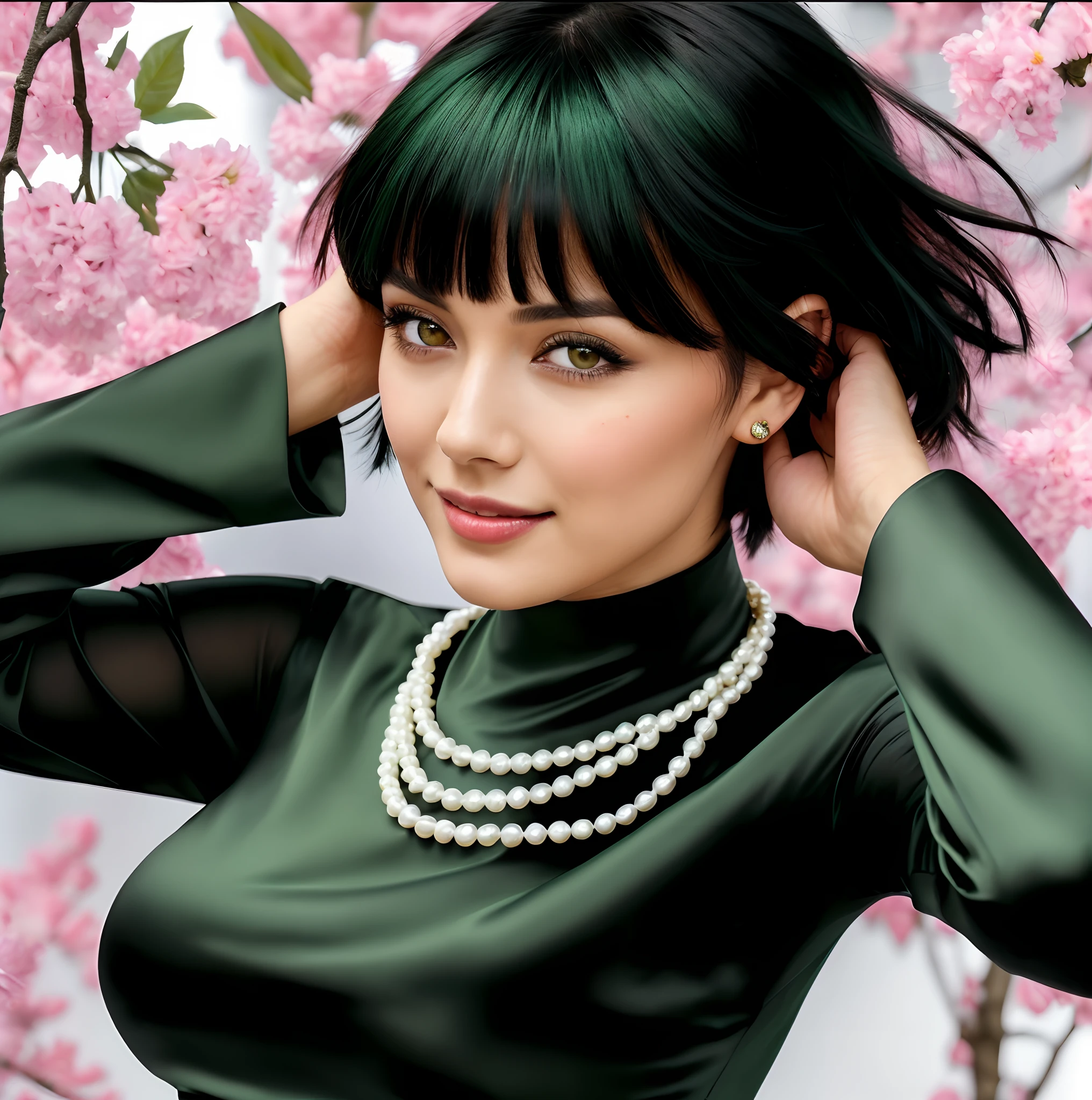 there is a woman with a white pearl necklace and a dark green dress, realistic, pretty woman with green eyes and pretty lips, hot looking, dark green shading highlights in her hair, twenty four years old, short black hair, moving her hands behind her head, 4k, 8k, high detailed, ultra realistic, ultra detailed photo realistic, smiling with a closed mouth (not showing teeth), she has a short cleopatra bob black hairstyle