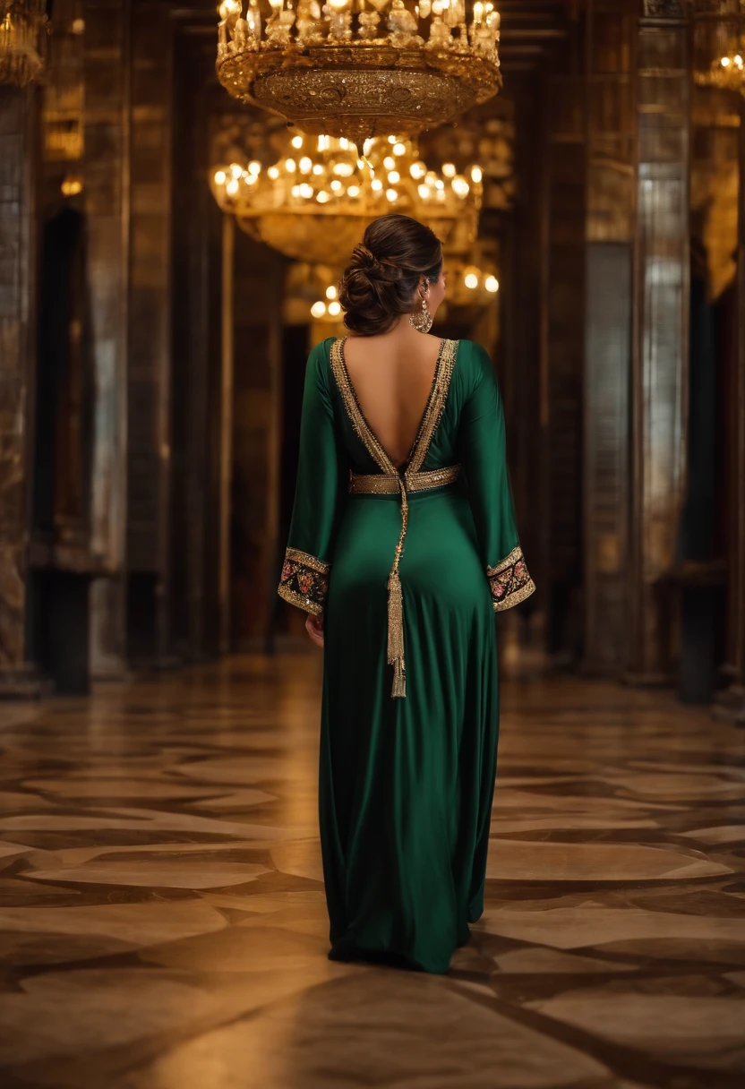 Big round ass Traditional Turkish woman showing off her admirable ass，At the same time wear long breasts，Black robe with small gold details