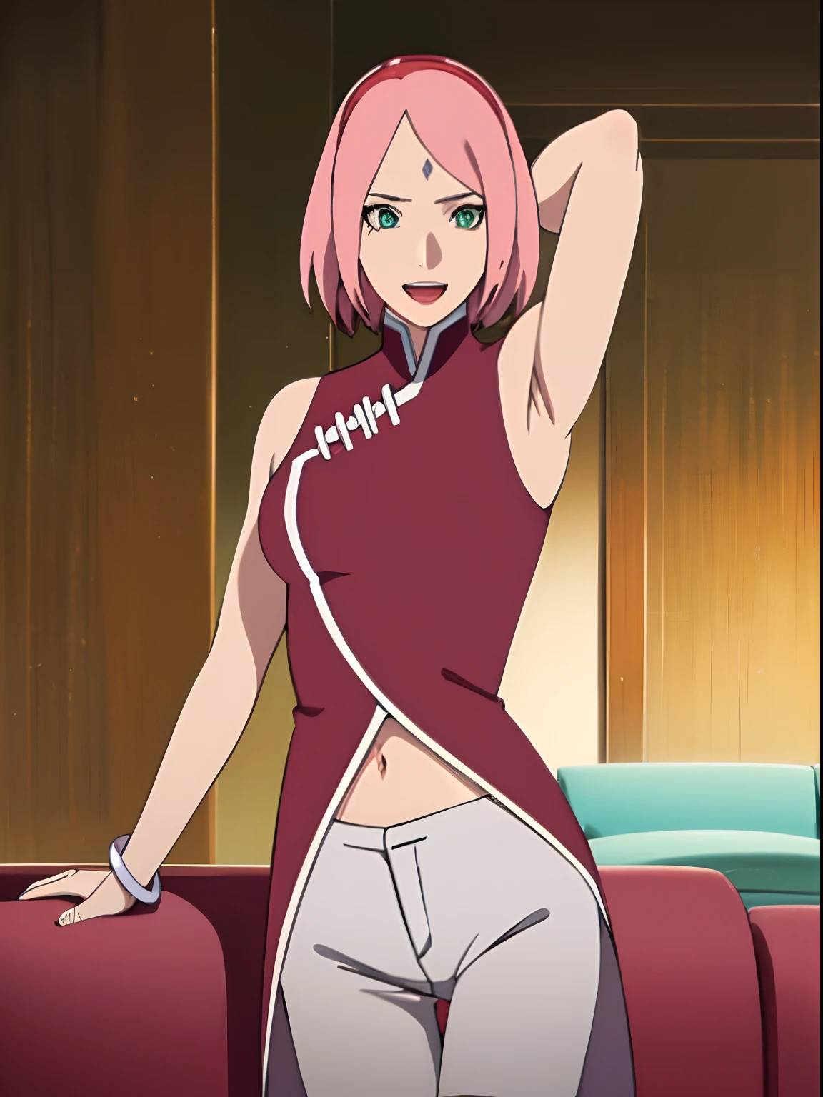 masterpiece, 4k, portrait, cowboy shot, (night), professional artwork, intricate details, colorful, digital blending, (ultra detailed body, ultra detail hair, ultra detail face), trending on pixiv, kind smile, best quality, anime style: 1.9, 1girl, hires, haruno sakura, (forehead mark, milf, red hairband, pale skin, (small breasts), short hair, ((red sleeveless dress,), white pants), (navel, belly button, slender body, slender belly, bracelet, pink hair, open mouth, big eyes), smile, beach, wind, floating hair, detailed arms, off-shoulders, broad shoulders, (both armpits , both hands up high), fancy couch, relaxing, laying, talking, looking at the viewer, showing armpit)