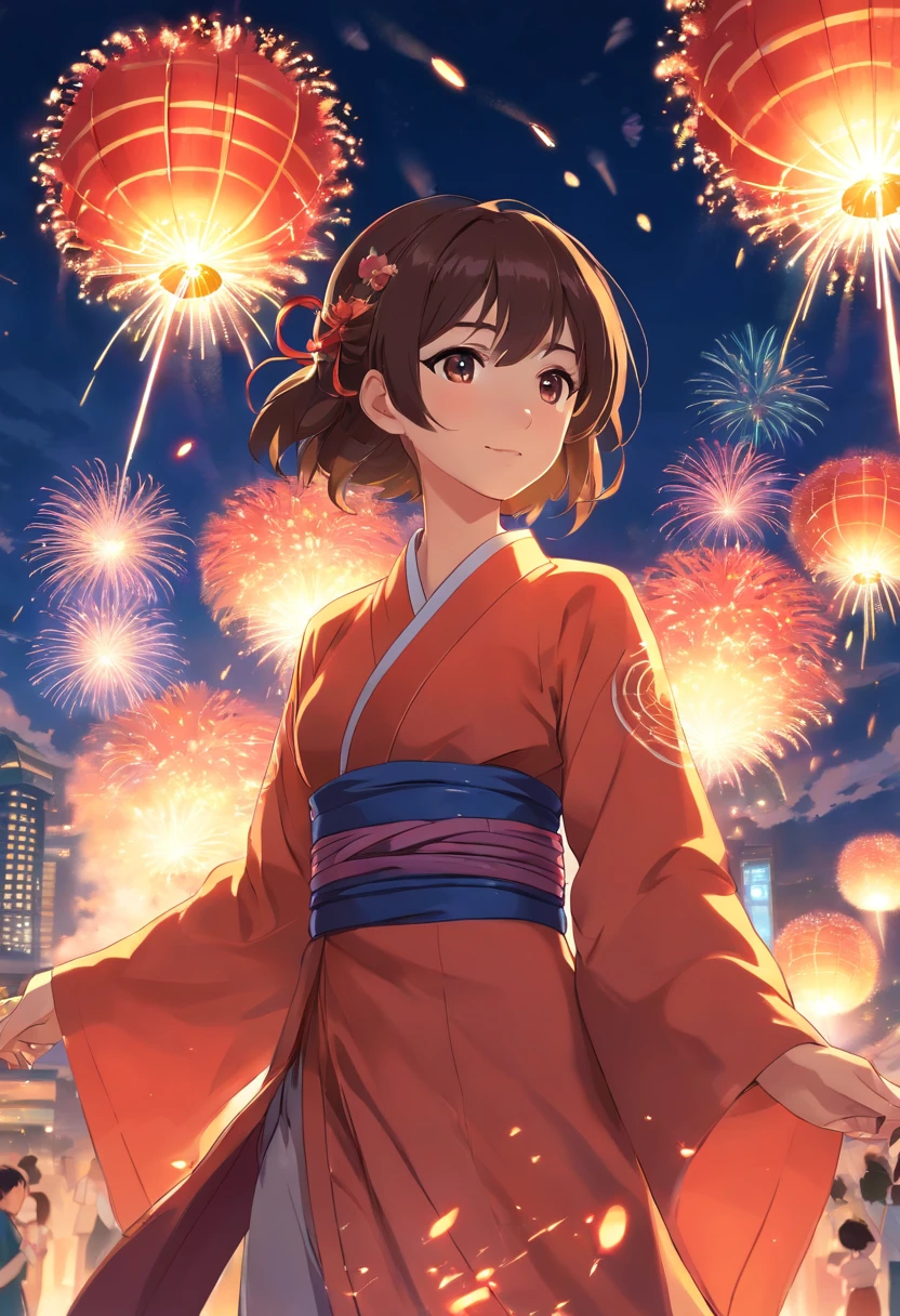 fire works,Absolutely beautiful girl,laughingly,Hanfu,Vista lanterns
