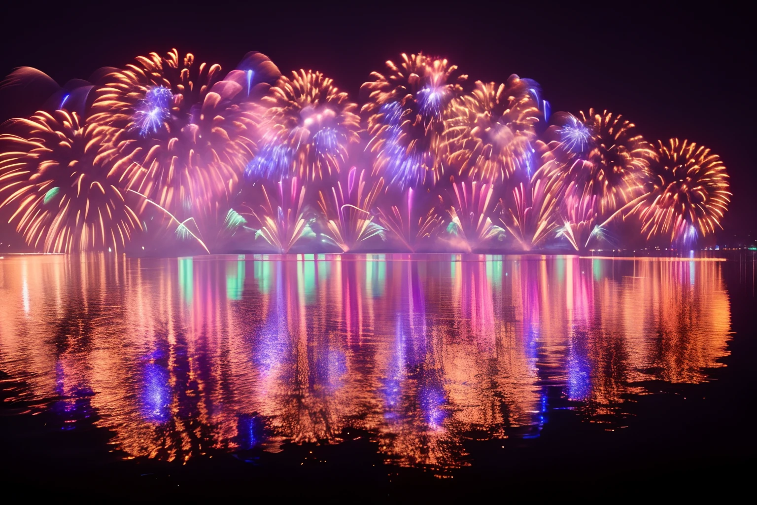 Fireworks are lit on the lake，Reflected in the water, author：Alexander Fedosav, Fireworks, [ fireworks in the sky ]!!, Fireworks in the background, Vivid!!, fireworks in background, fire works, pyrotechnics, Colorful explosions, fireworks on the background, shutter inventory, Vivid colors!!, vibrant with colors, magical sparkling lake, Vivid colors!