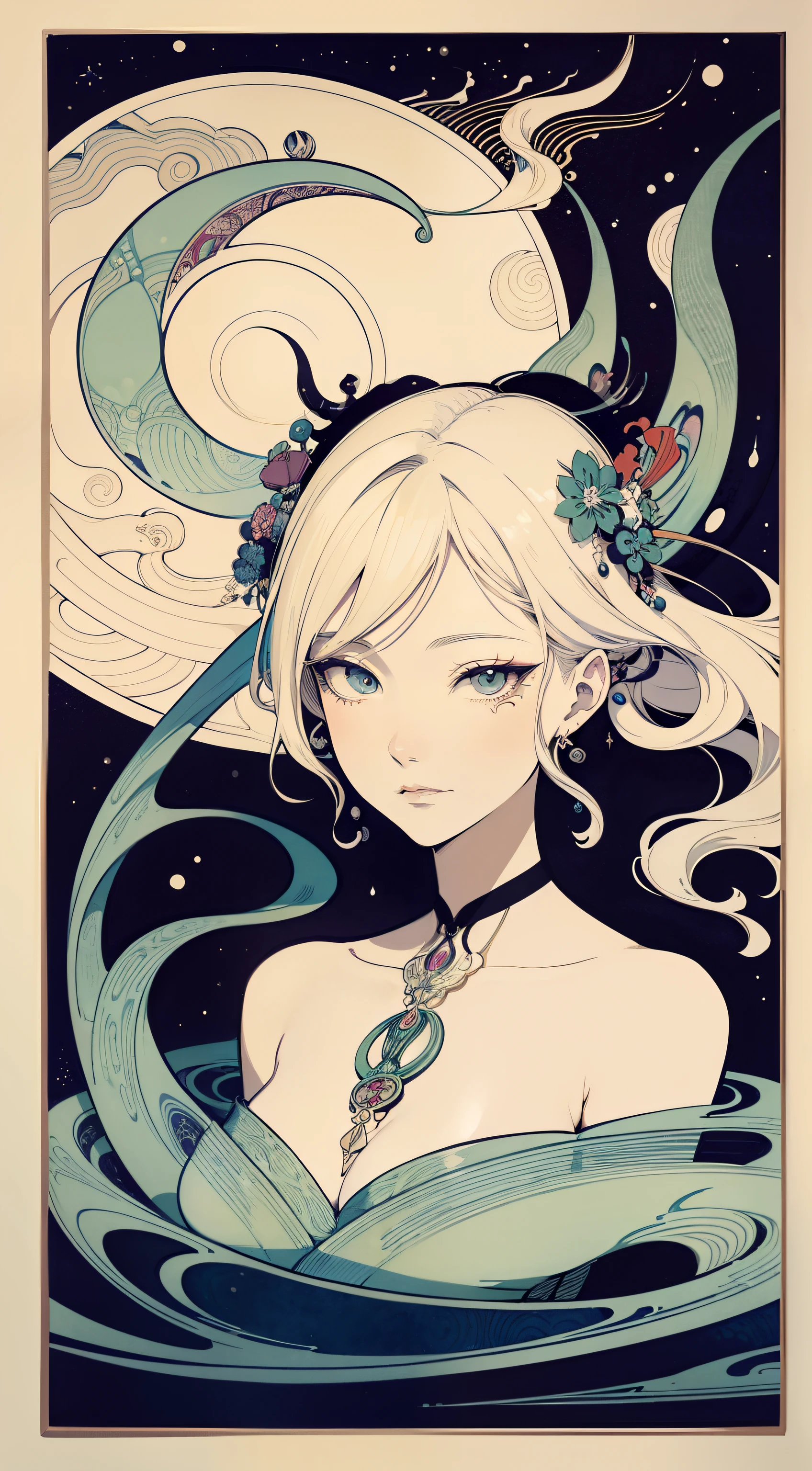 Set of 7 cards : Ukiyo-e style Charles Robinson, Frank Pape, Kay Nielsen, surreal wondrous strange Whimsical absurderes fanciful Sci-Fi Fantasy Sphere mythology. Portrait of goddess holding a sword. Melting makeup. Snake around neck. Chains