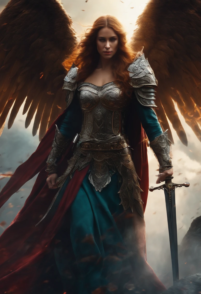 Realistic, 4K, Angels with big wings, one sword, Hood on head in war background image (chaos)