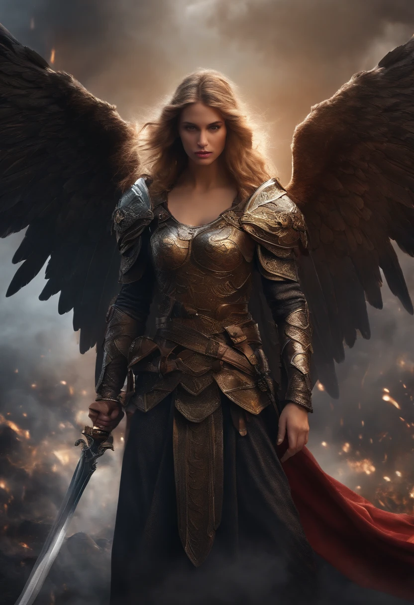 Realistic, 4K, Angels with big wings, one sword, Hood on head in war background image (chaos)