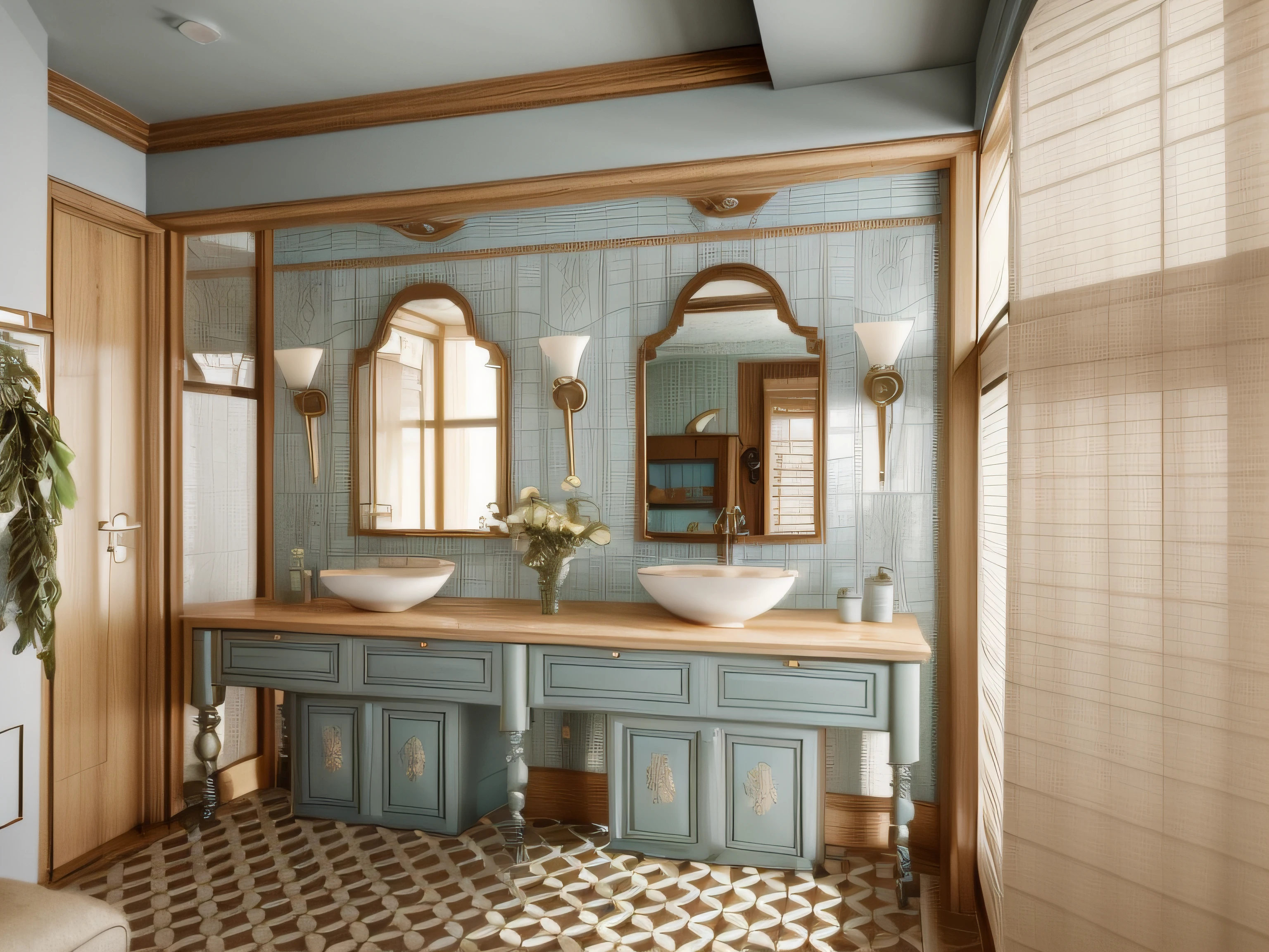 RAW photo, interior classic style, (high detailed skin:1.2), (natural light:1.2),8k uhd, dslr, soft lighting, high quality,Please generate a detailed and distinctive image of the living room in a Retro-style apartment. The room should feature warm and bright natural wood tones with prominent wood grain patterns. The flooring should consist of luxurious tiles or stone cladding with elegant cloud-like patterns. Incorporate both modern LED lighting and Retro-style chandeliers to create a well-lit space. Opt for a refined leather sofa that complements the natural wood grain and enhances the overall ambiance. Choose curtains in a soft blue-gray shade to harmonize with the Retro style. Emphasize the presence of authentic, crisp natural light that highlights the interior's color contrast and texture. Additionally, introduce a unique twist with monochromatic wood paneling, creating a captivating contrast. Include decorative elements in pastel blue, moss green, deep plum, and other standout colors to add a touch of uniqueness and personality. Ensure that the room exudes an atmosphere of Retro elegance, comfort, and creativity, where the interplay of natural light and contrasting interior elements creates a captivating Retro-style living room